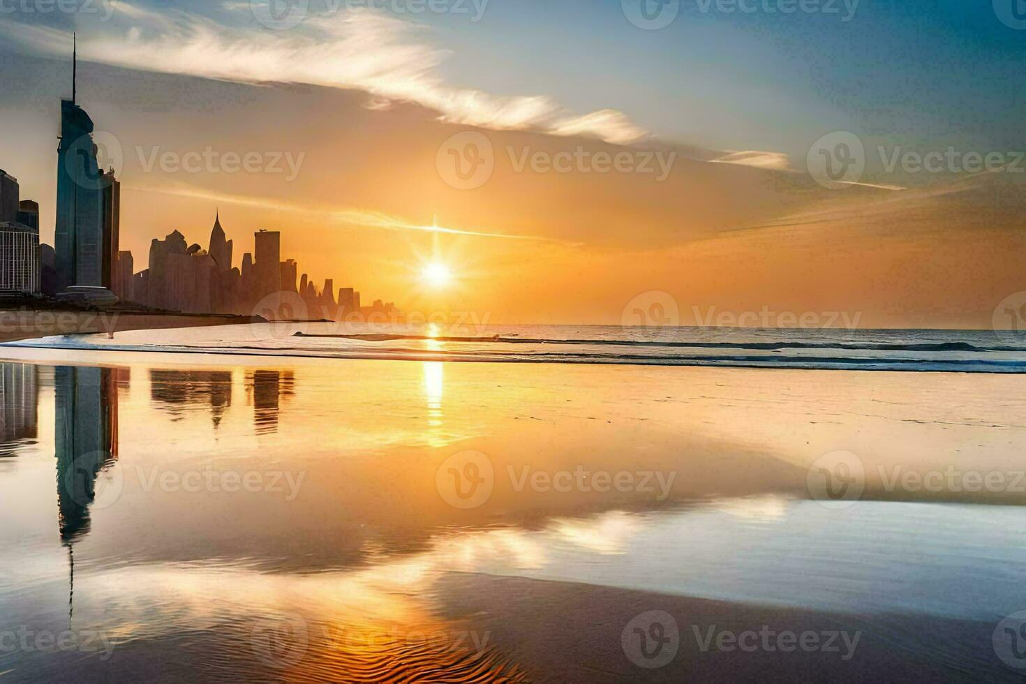 das Sonne setzt Über das Stadt Horizont im Dubai. KI-generiert foto