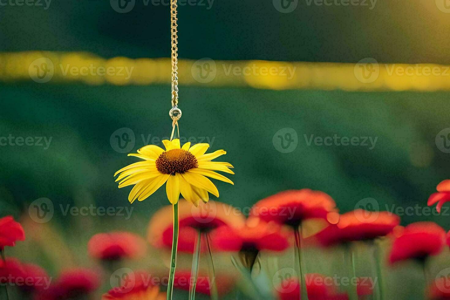 ein Gelb Blume hängend von ein Zeichenfolge im ein Feld. KI-generiert foto