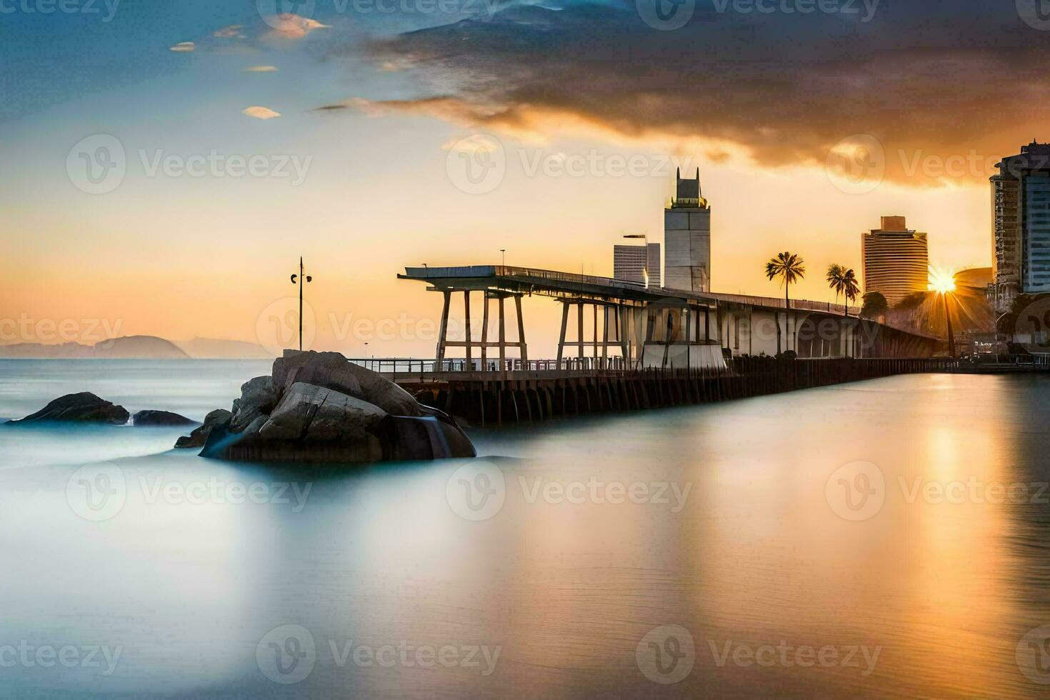 ein lange Exposition fotografieren von ein Seebrücke und Stadt Horizont beim Sonnenuntergang. KI-generiert foto