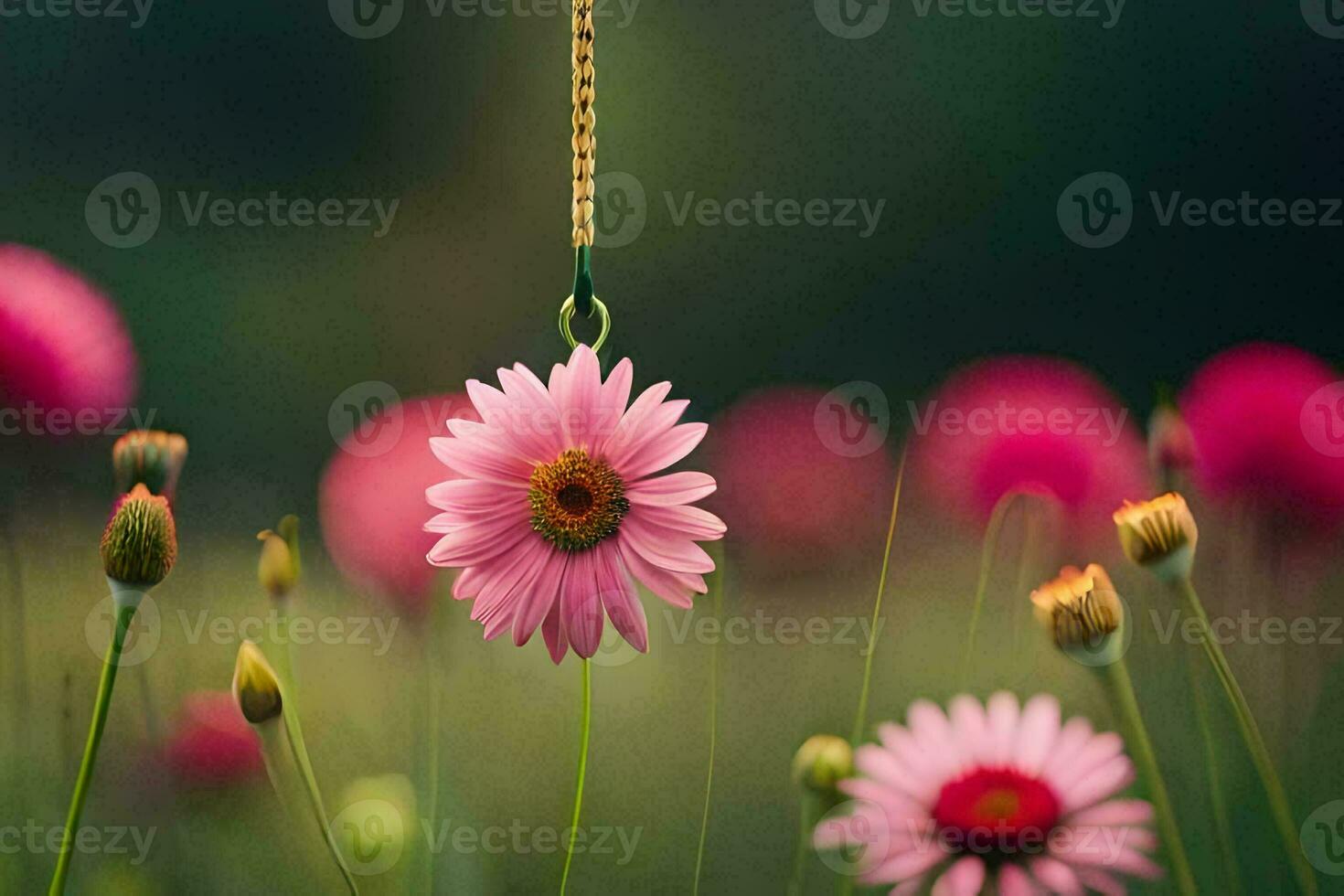 ein Rosa Blume hängend von ein Kette im ein Feld. KI-generiert foto