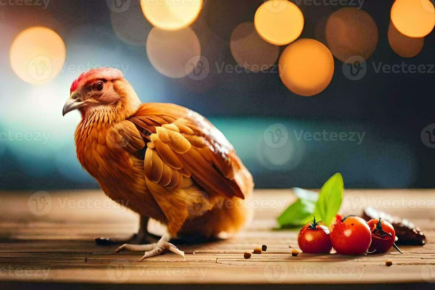 ein Hähnchen ist Stehen auf ein hölzern Tabelle mit Tomaten und Gewürze. KI-generiert foto