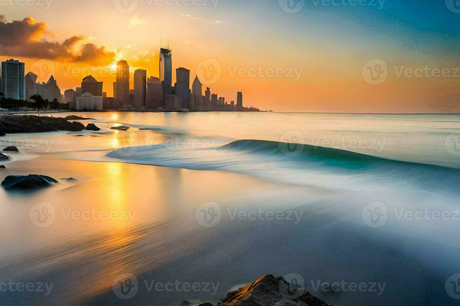 das Stadt Horizont ist gesehen im das Hintergrund wie Wellen Absturz in das Ufer. KI-generiert foto