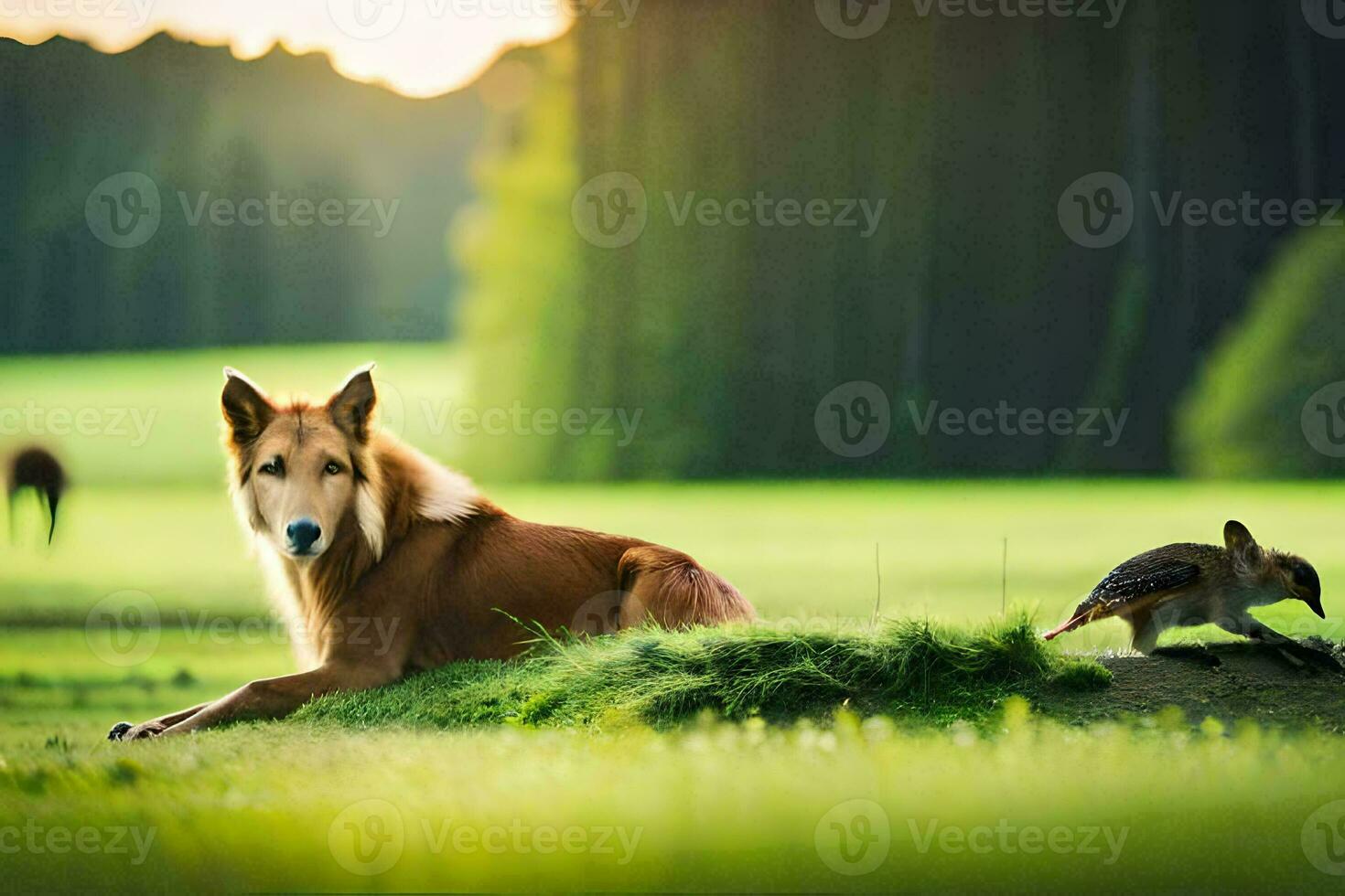 ein Hund und ein Vogel im ein Feld. KI-generiert foto