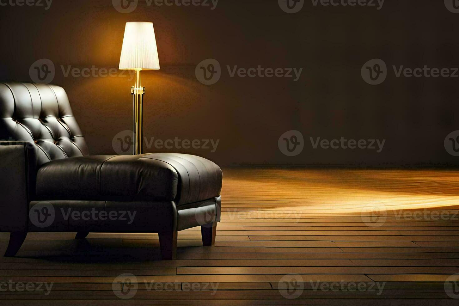 ein schwarz Leder Stuhl sitzt im Vorderseite von ein Lampe. KI-generiert foto