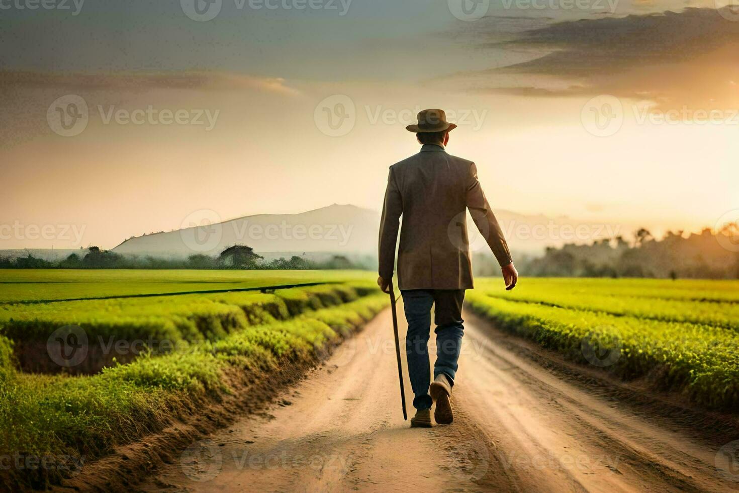 ein Mann Gehen Nieder ein Schmutz Straße im ein Feld. KI-generiert foto