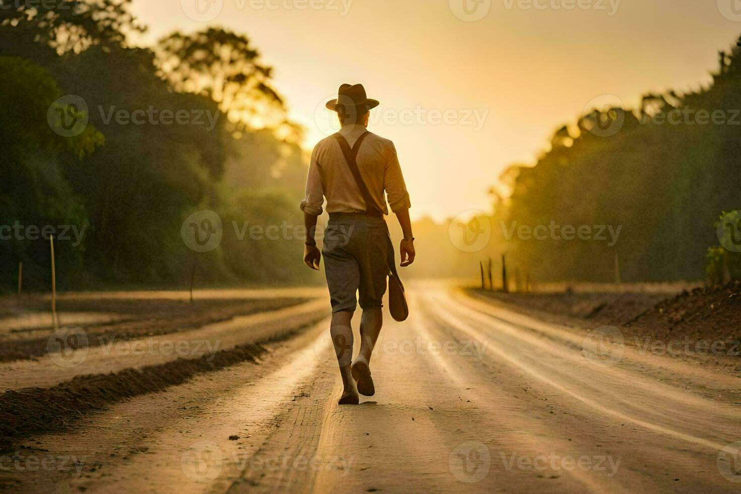 ein Mann Gehen Nieder ein Schmutz Straße mit ein Gitarre. KI-generiert foto