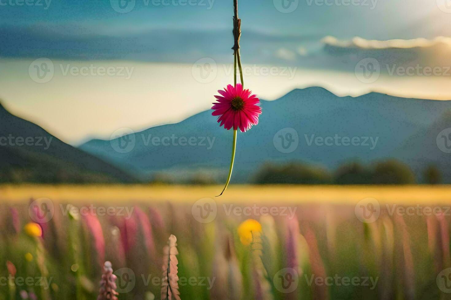 ein Rosa Blume hängend von ein Ranke im ein Feld. KI-generiert foto