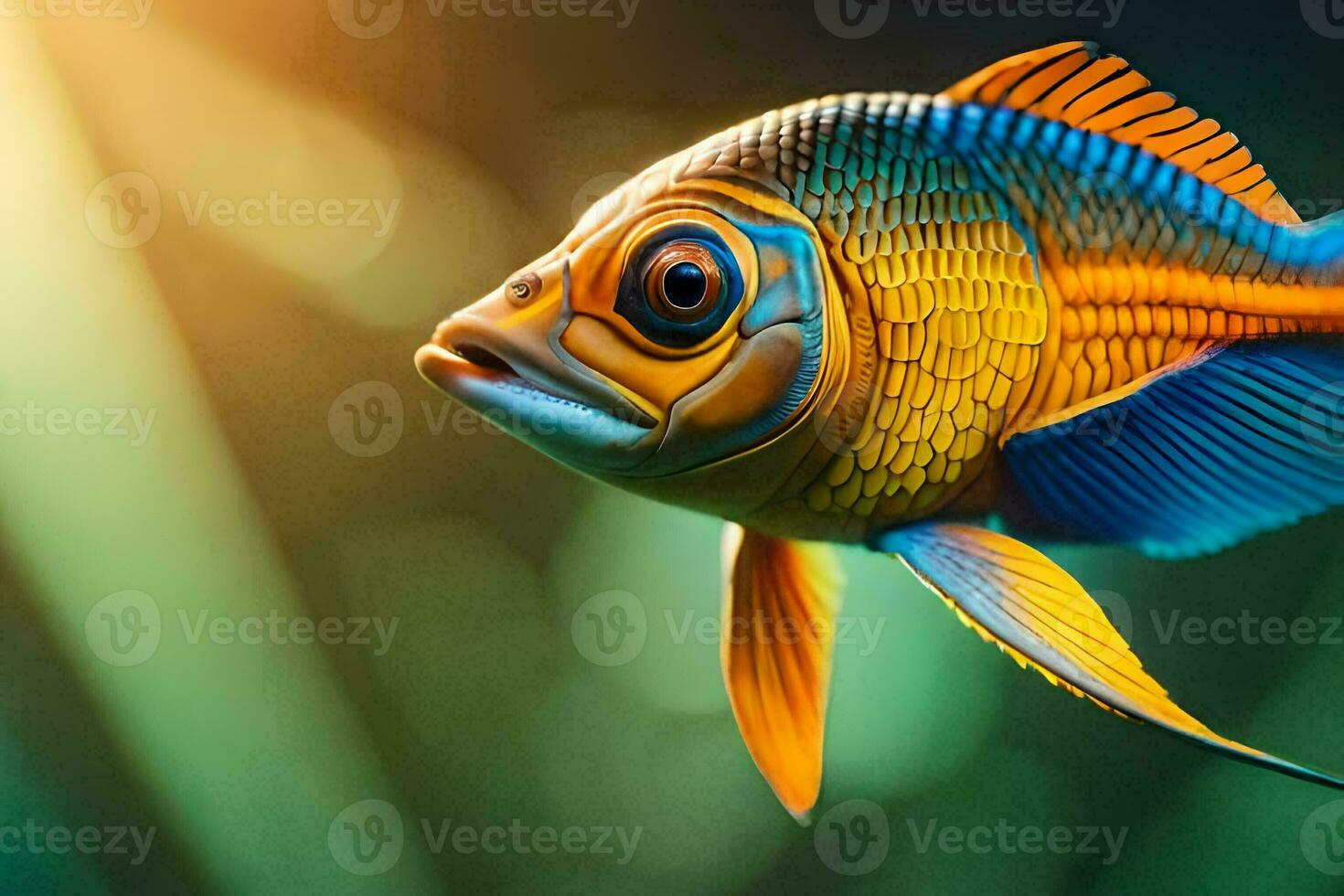 ein Fisch mit hell Farben ist gezeigt im das Wasser. KI-generiert foto