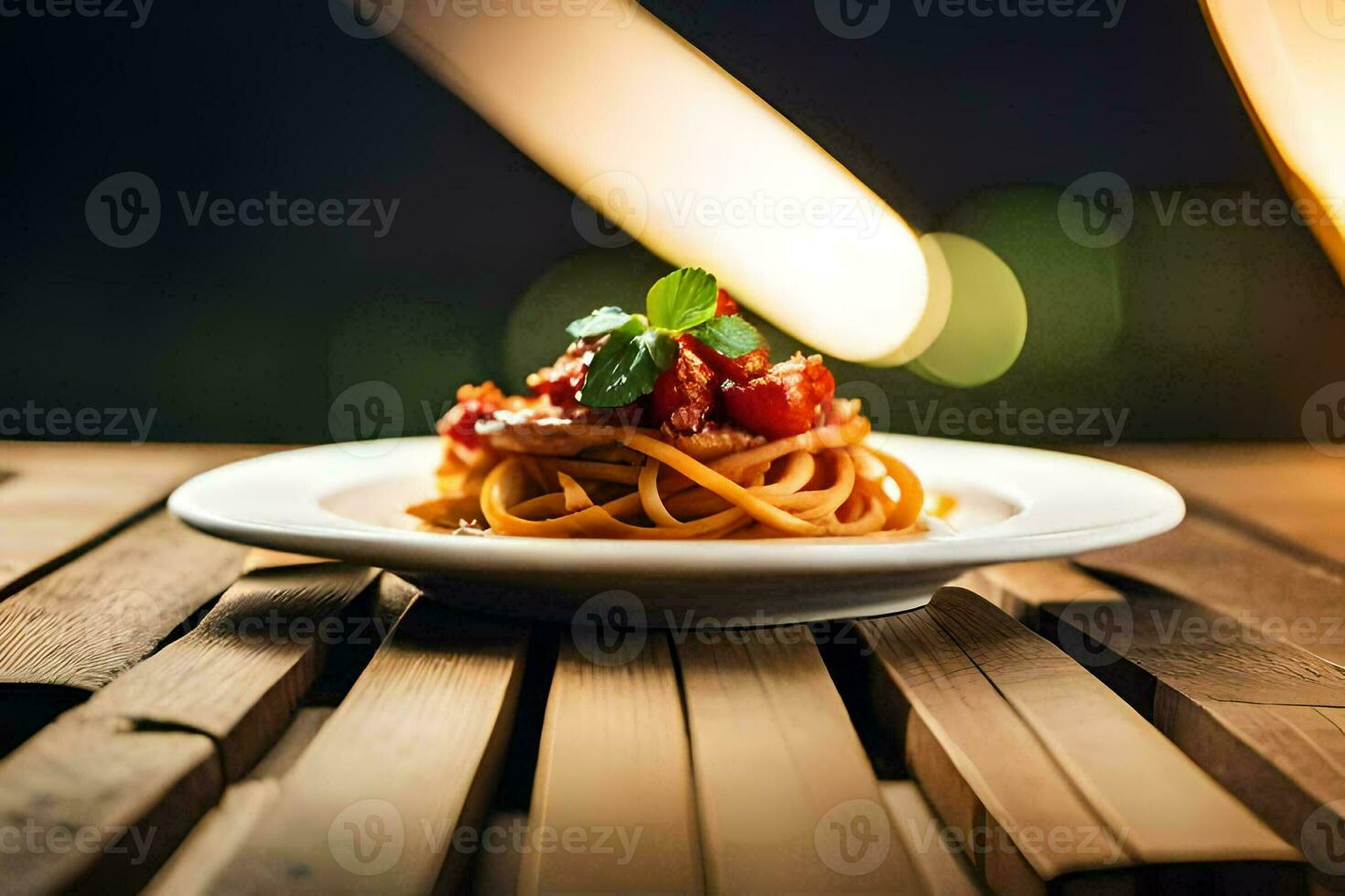 ein Teller von Spaghetti mit Tomate Soße auf ein hölzern Tisch. KI-generiert foto