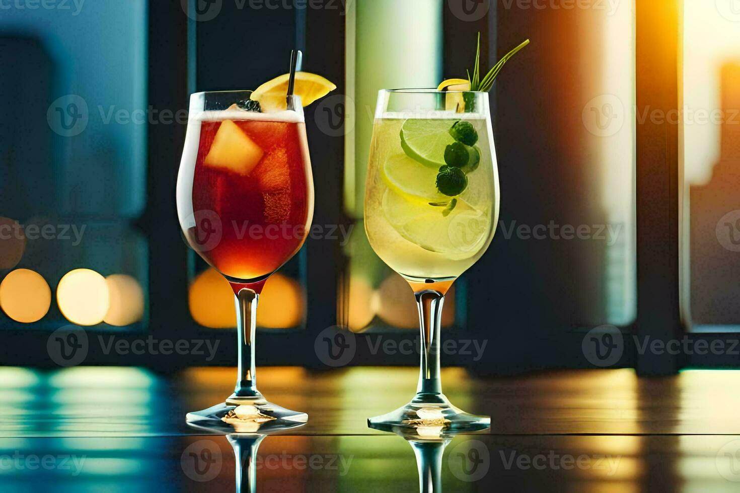 zwei Brille von Cocktails mit anders Getränke auf ein Tisch. KI-generiert foto