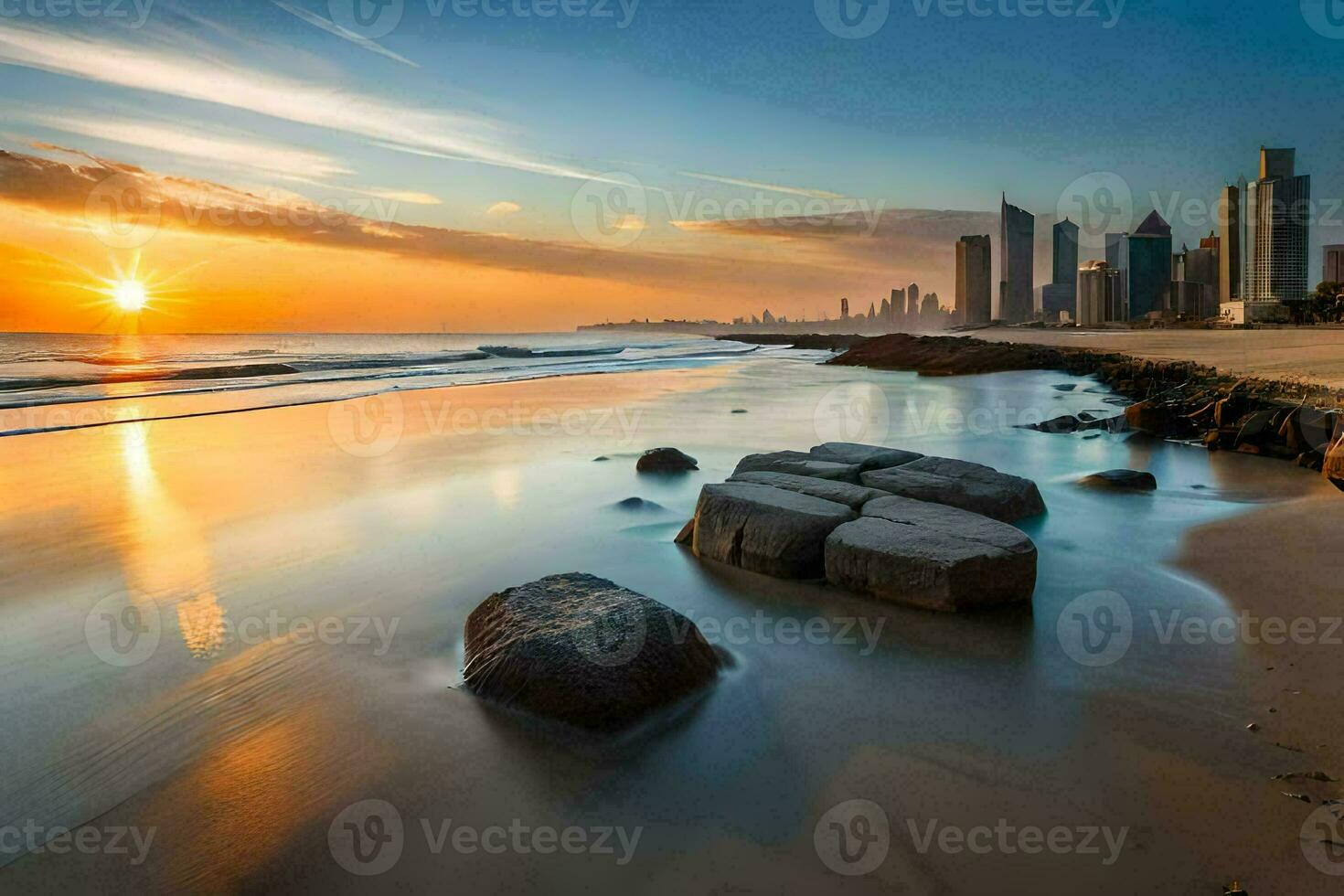 das Sonne setzt Über das Stadt Horizont. KI-generiert foto