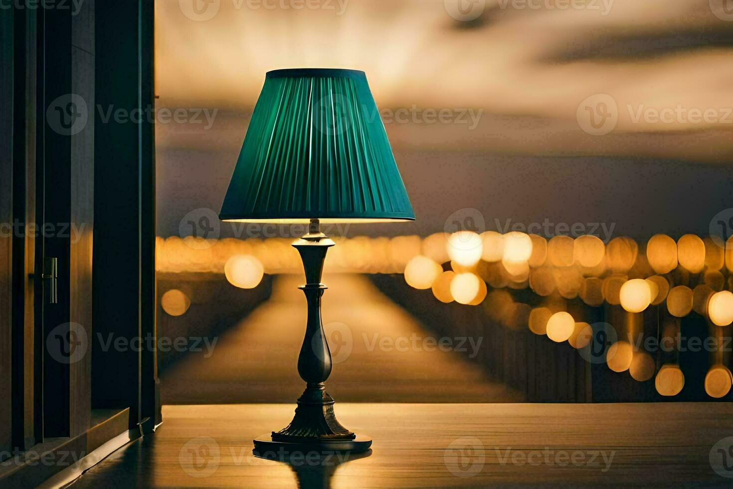 ein Lampe auf ein Tabelle im Vorderseite von ein Fenster. KI-generiert foto