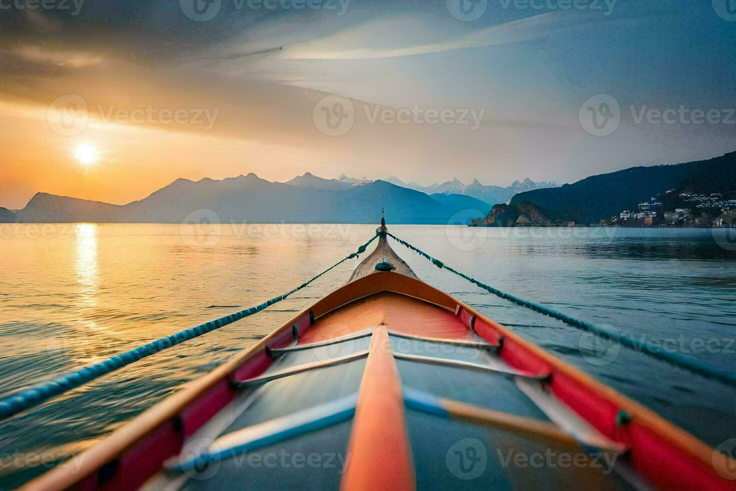 ein Boot auf das Wasser beim Sonnenuntergang mit Berge im das Hintergrund. KI-generiert foto