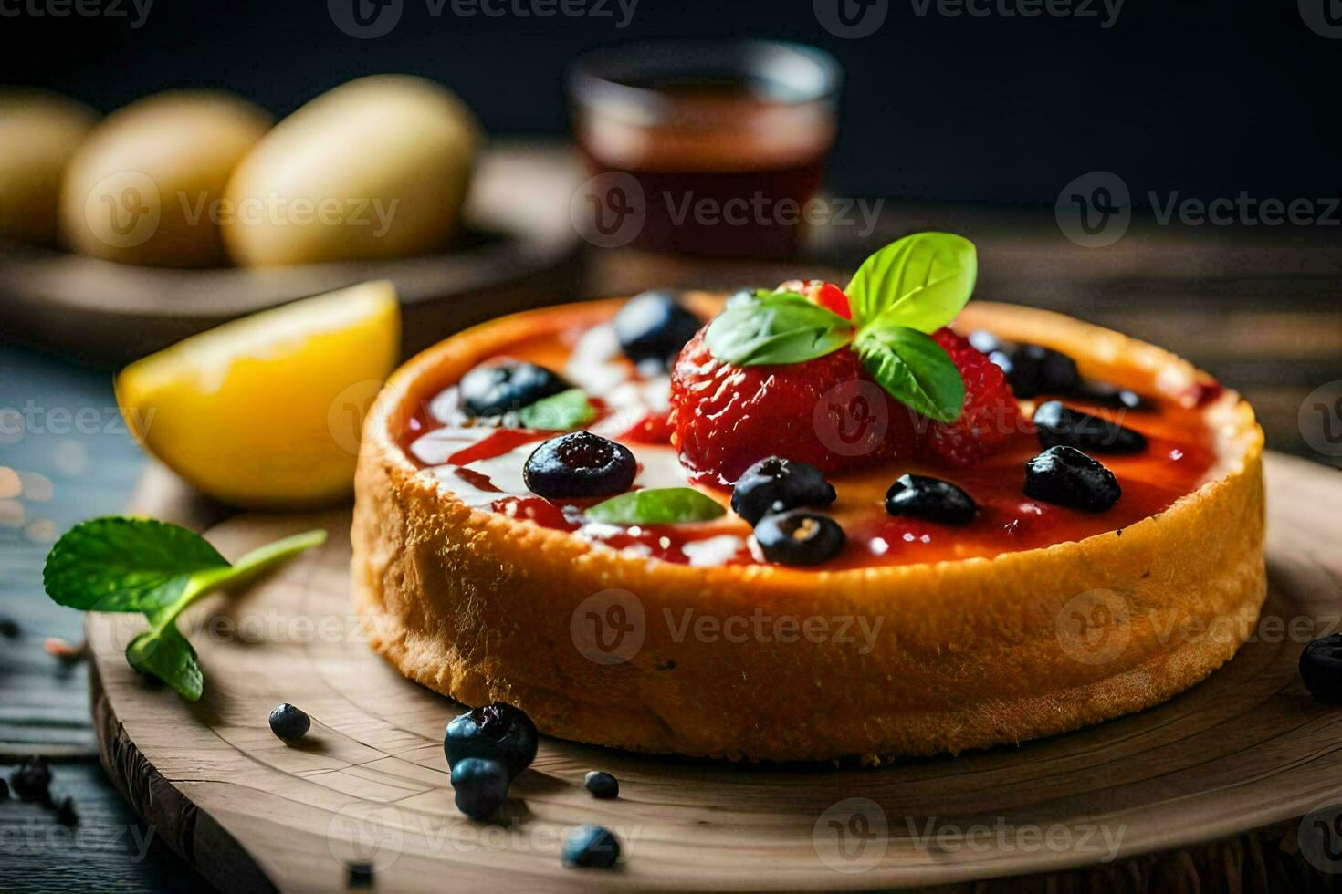 ein Käsekuchen mit Beeren und Zitrone auf ein hölzern Tafel. KI-generiert foto