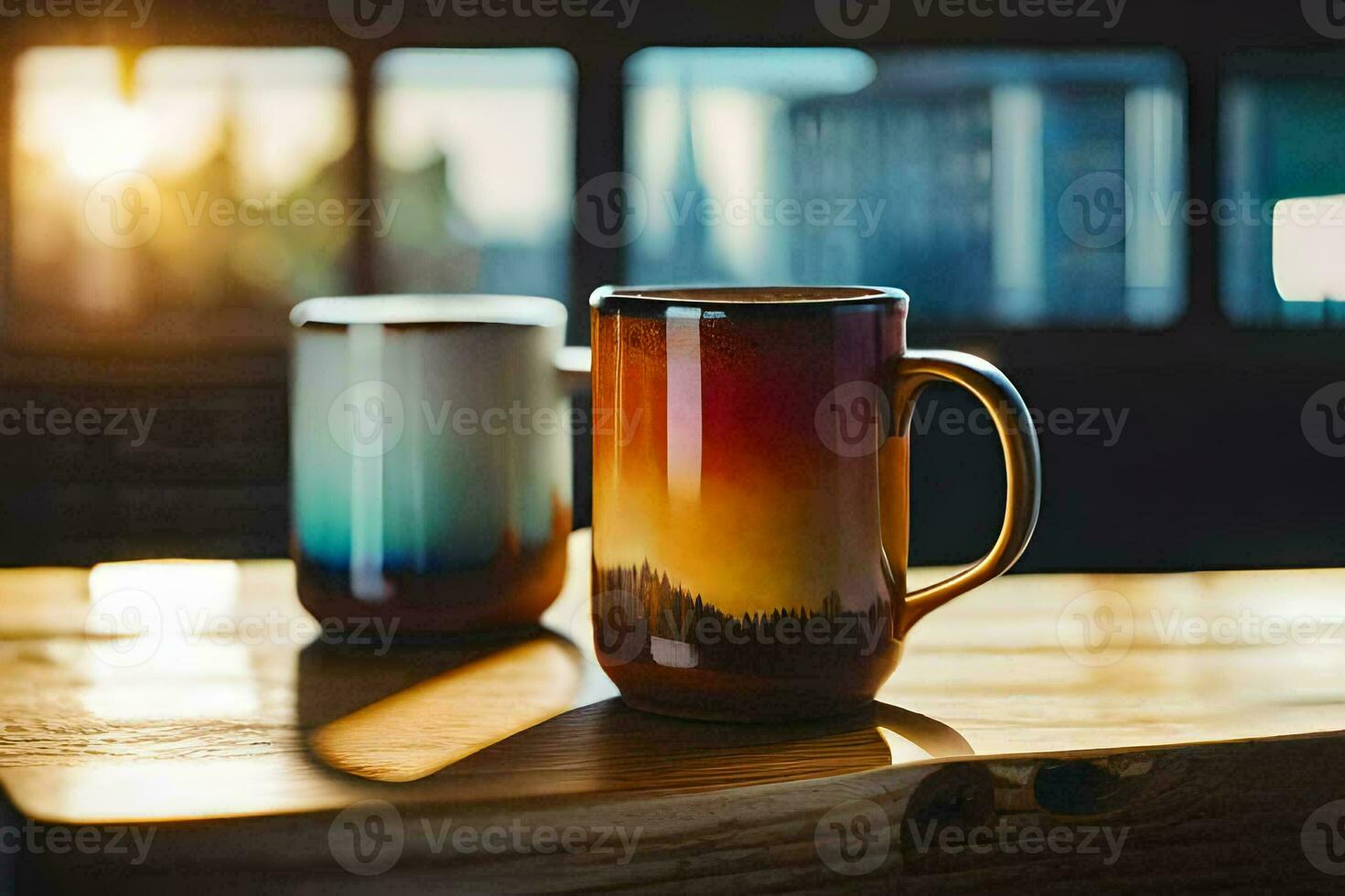 zwei Kaffee Tassen auf ein Tabelle im Vorderseite von ein Fenster. KI-generiert foto