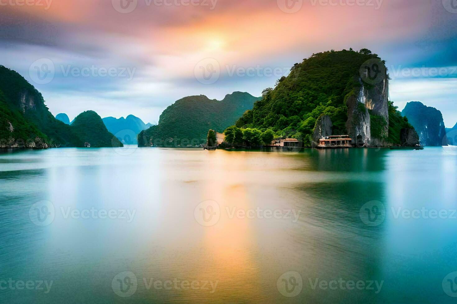 das Sonnenuntergang Über das Wasser im Halong Bucht, Vietnam. KI-generiert foto