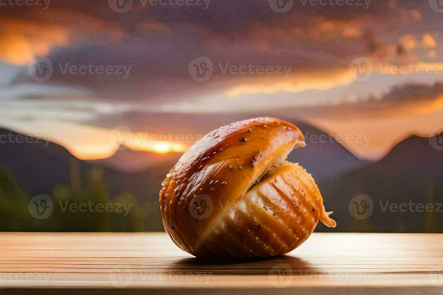 ein Stück von Brot auf ein Tabelle mit Berge im das Hintergrund. KI-generiert foto