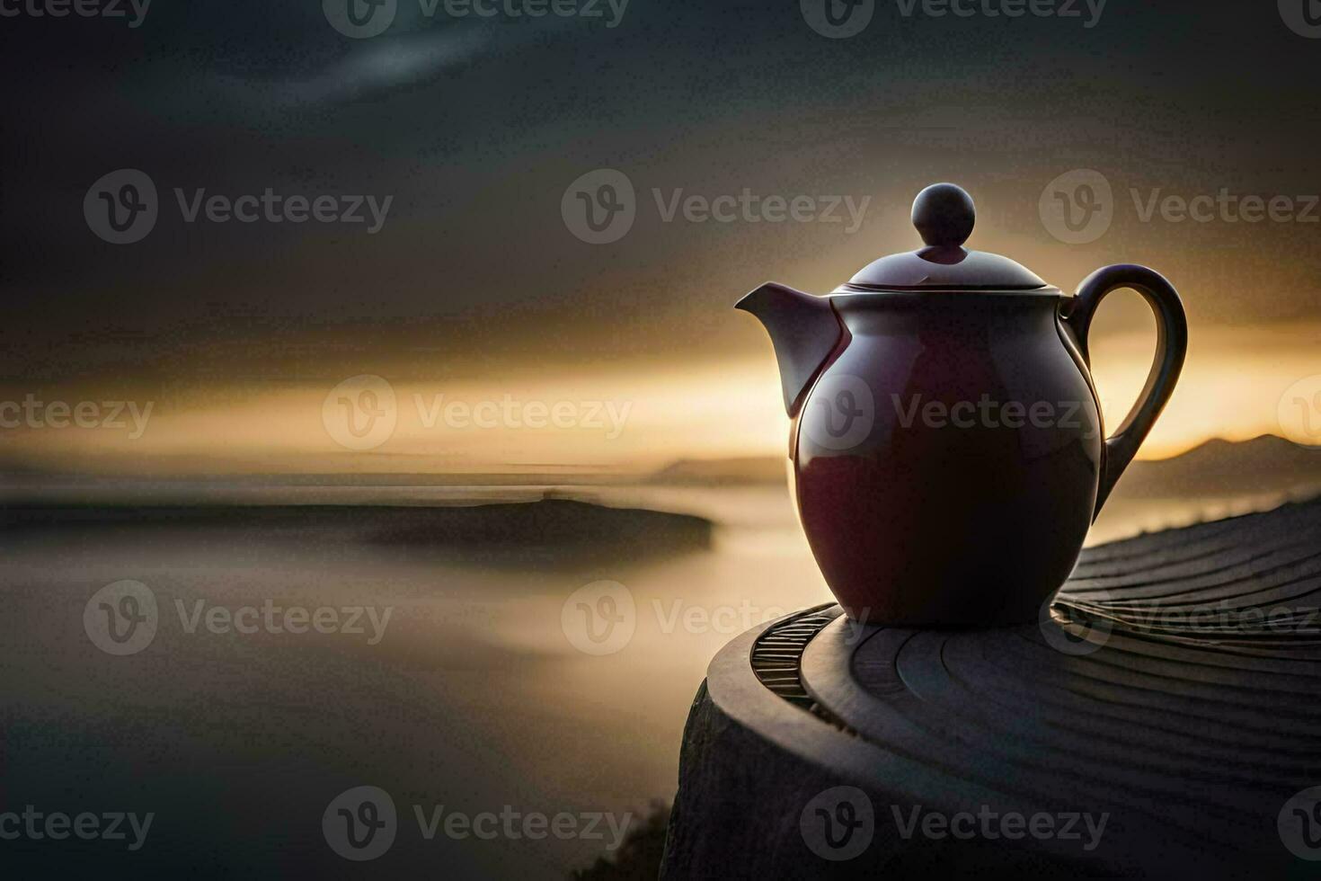 ein rot Teekanne sitzt auf ein Leiste mit Blick auf das Ozean. KI-generiert foto