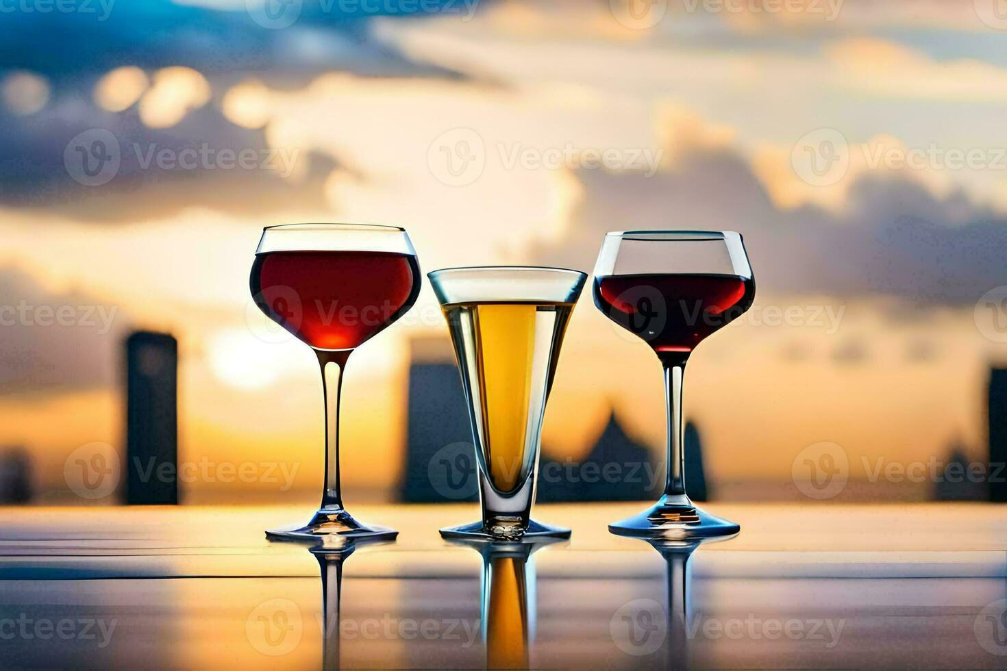 drei Brille von Wein auf ein Tabelle mit ein Stadt Horizont im das Hintergrund. KI-generiert foto
