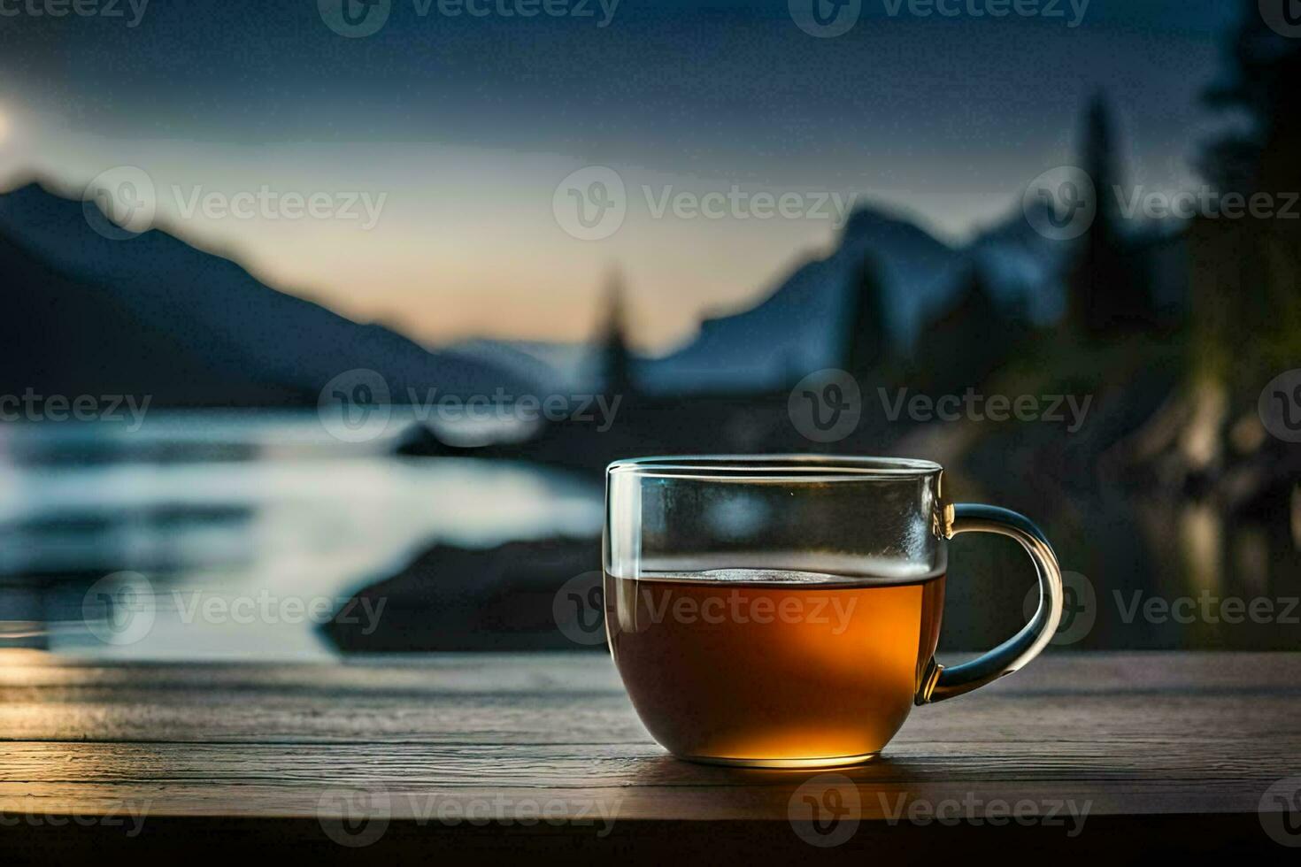 ein Tasse von Tee sitzt auf ein Tabelle mit Blick auf ein See. KI-generiert foto