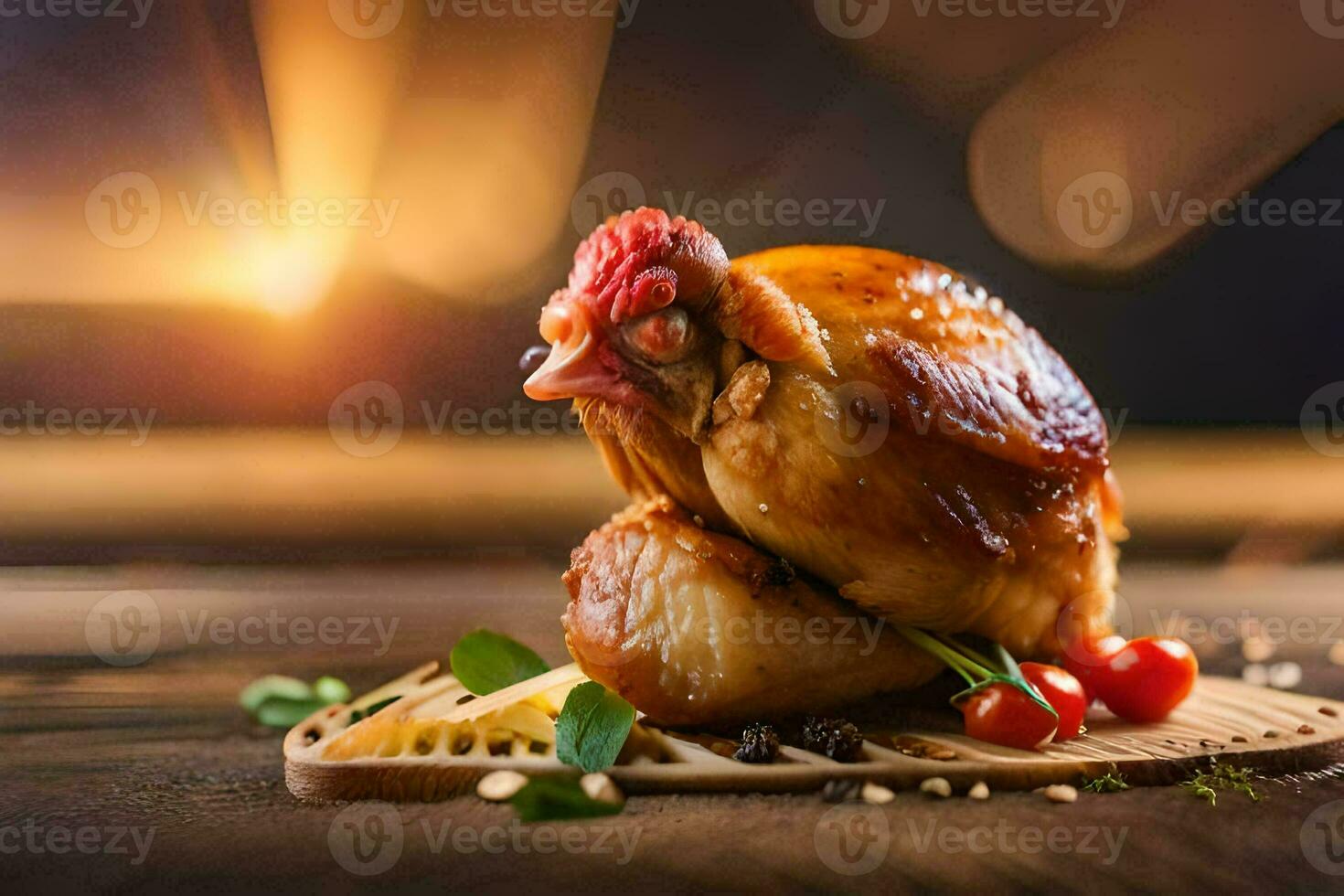 geröstet Hähnchen auf ein hölzern Schneiden Tafel. KI-generiert foto