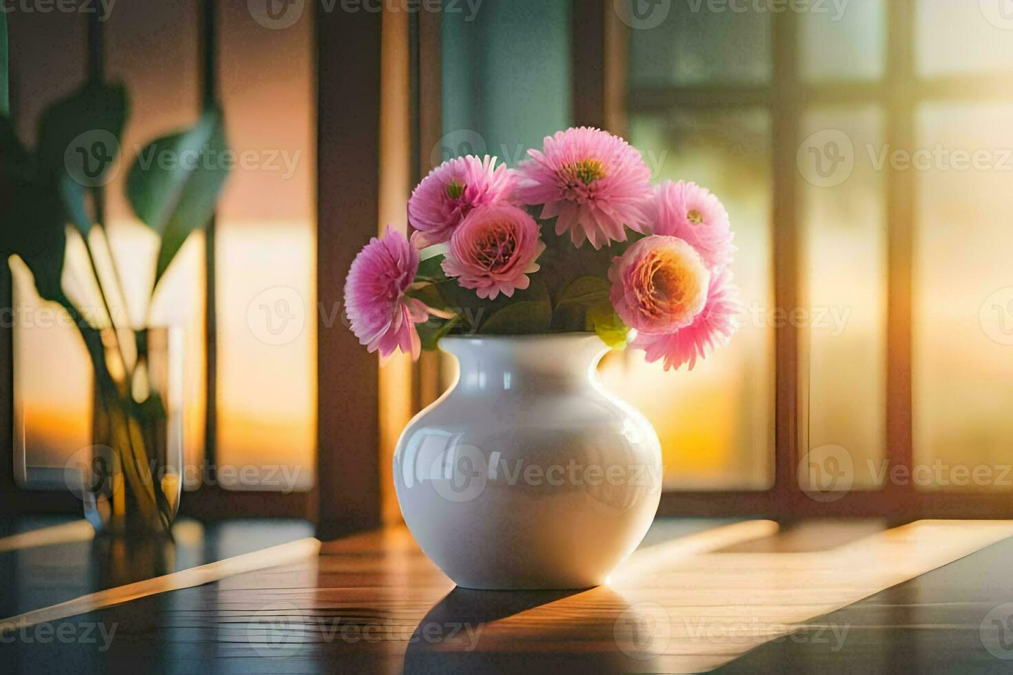 Rosa Blumen im ein Vase auf ein Tabelle im Vorderseite von ein Fenster. KI-generiert foto