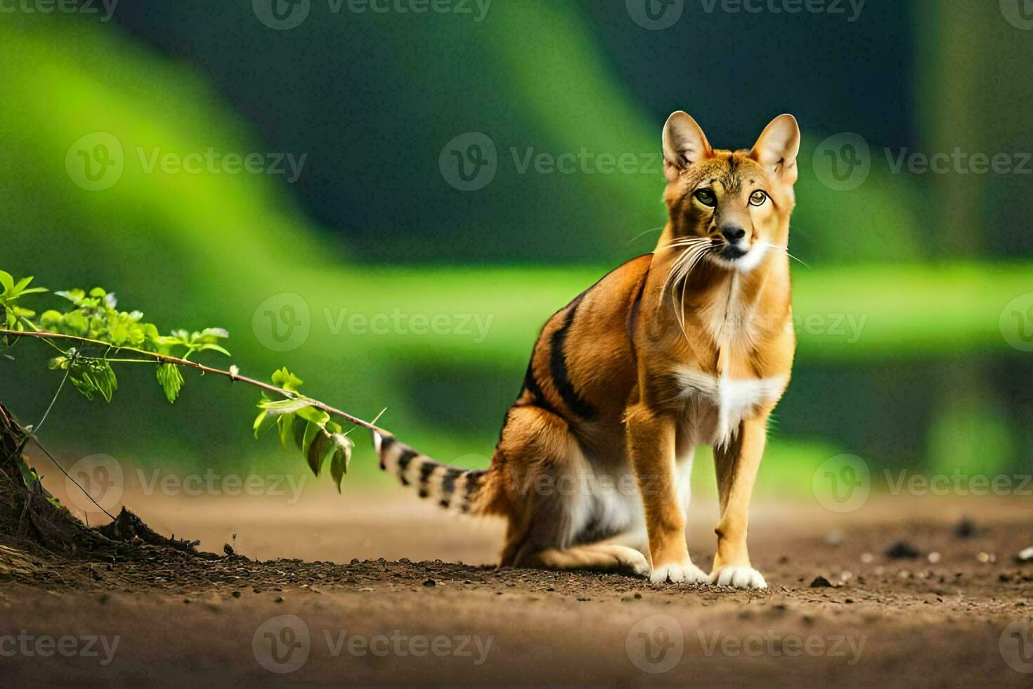 ein Katze Sitzung auf das Boden im Vorderseite von ein Baum. KI-generiert foto