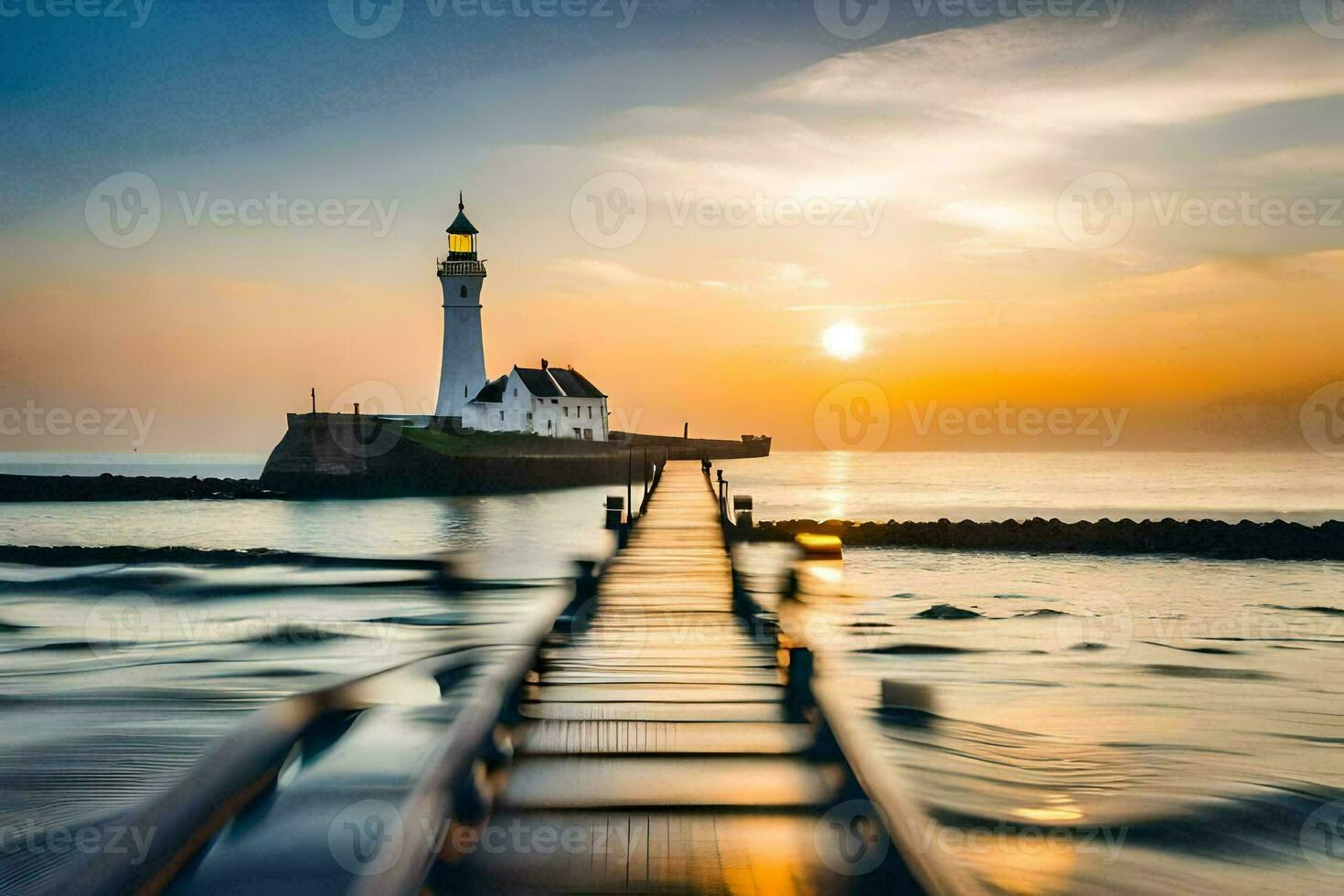 ein Leuchtturm beim Sonnenuntergang mit ein hölzern Seebrücke. KI-generiert foto