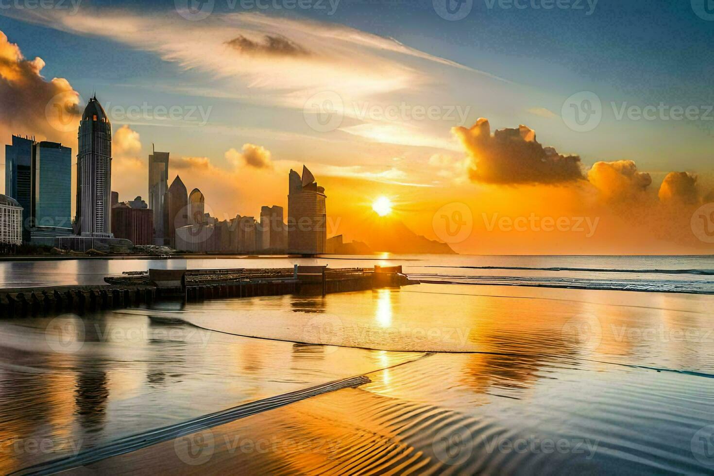 das Sonne setzt Über das Stadt Horizont im Dubai. KI-generiert foto