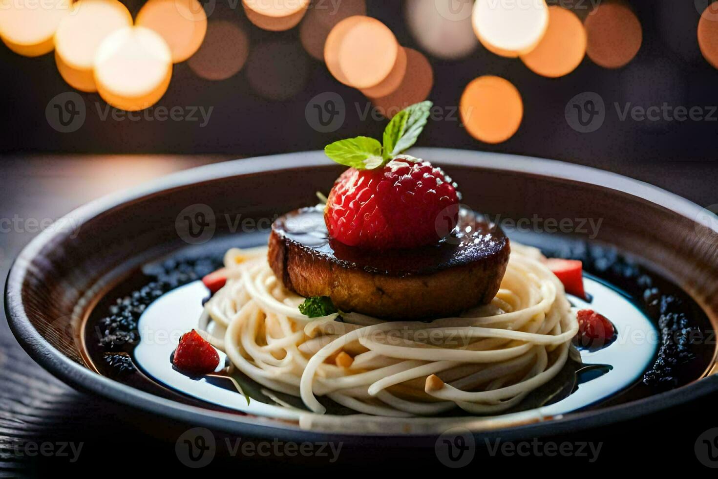 ein Teller von Spaghetti mit ein Erdbeere auf oben. KI-generiert foto