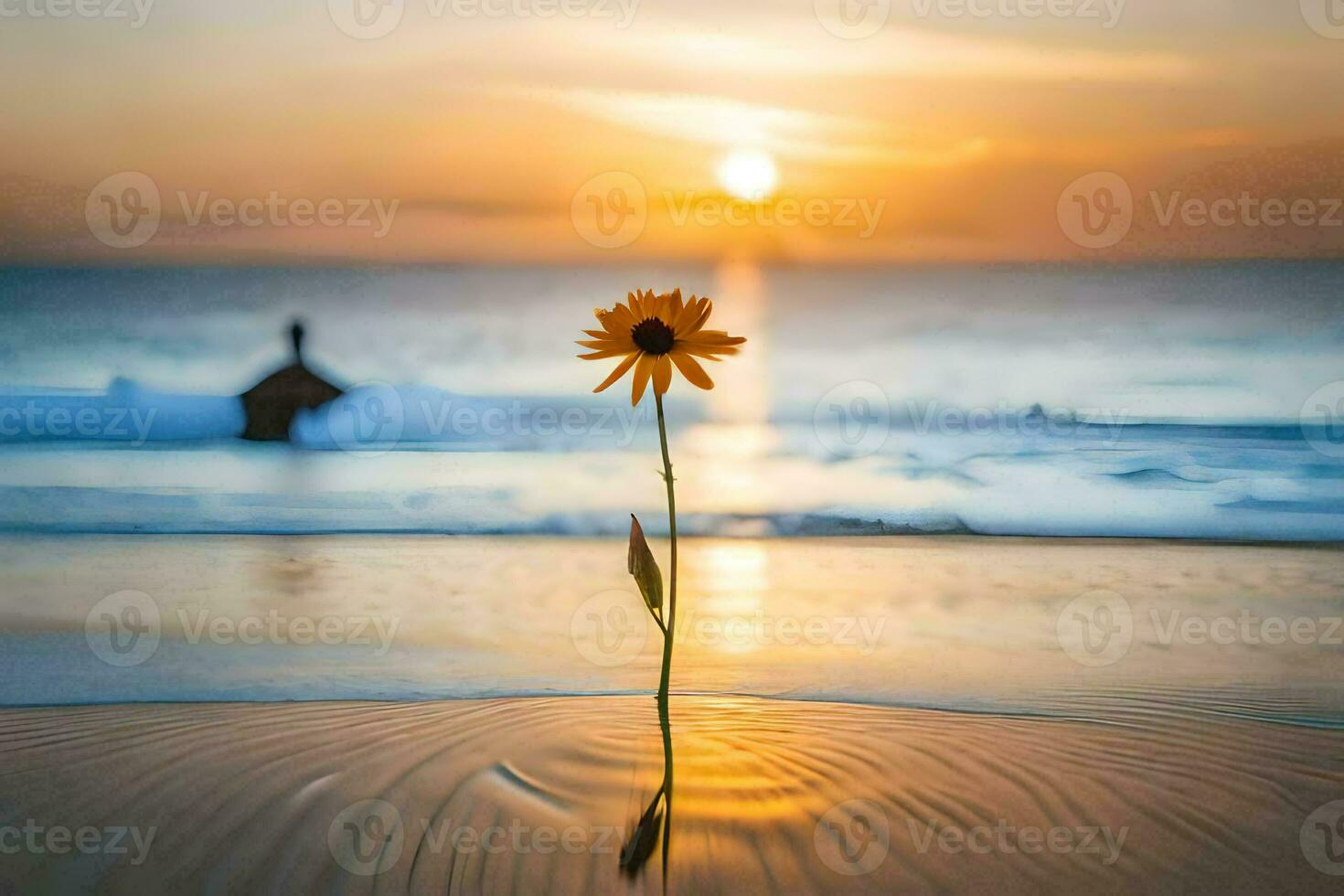 ein Single Blume steht im das Sand beim Sonnenuntergang. KI-generiert foto