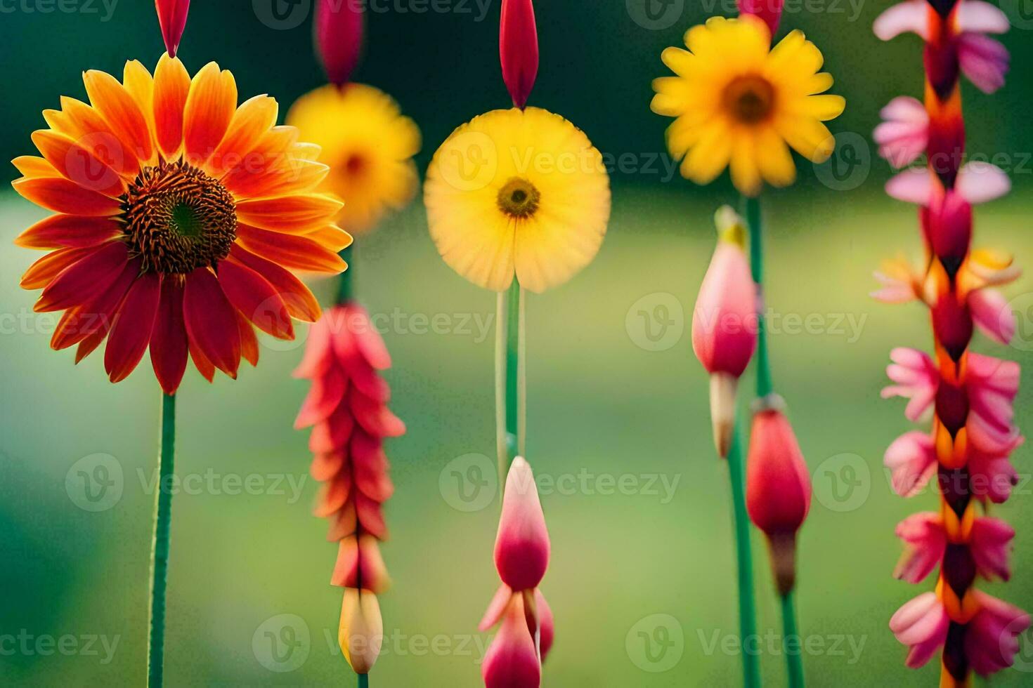 bunt Blumen sind gezeigt im ein Feld. KI-generiert foto