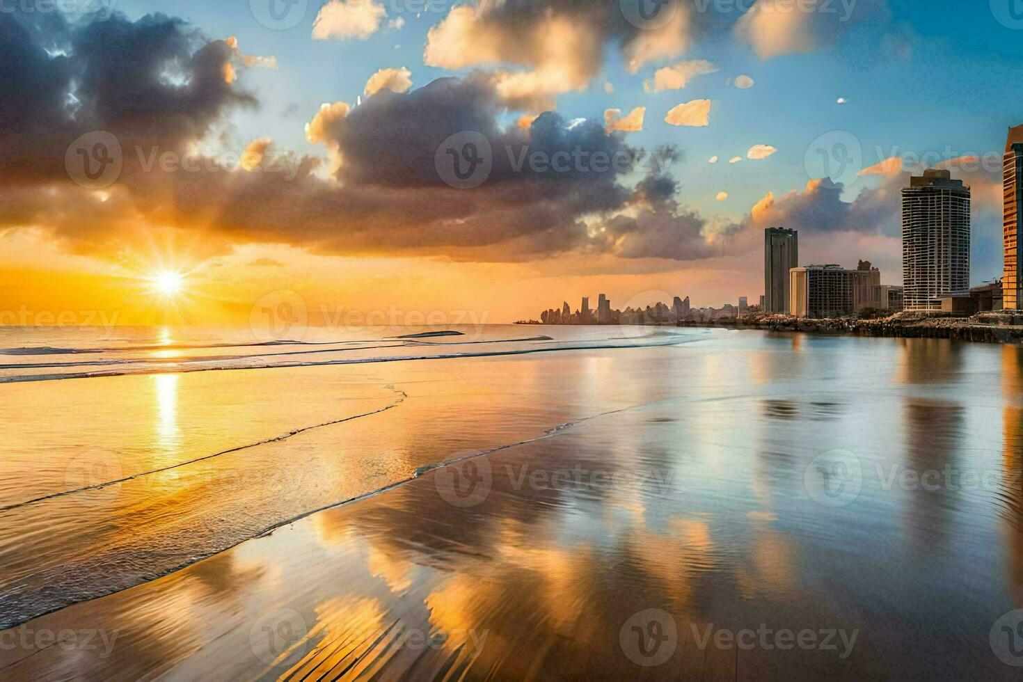 das Sonne ist Rahmen Über das Strand und Stadt. KI-generiert foto