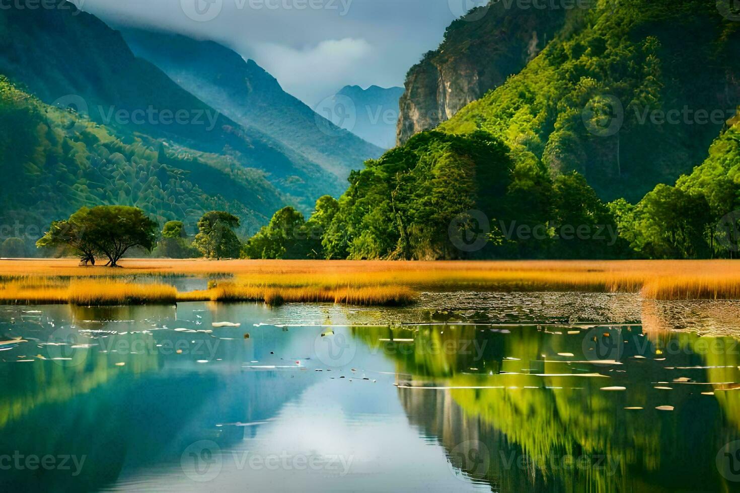 ein schön Landschaft mit Berge und Wasser. KI-generiert foto