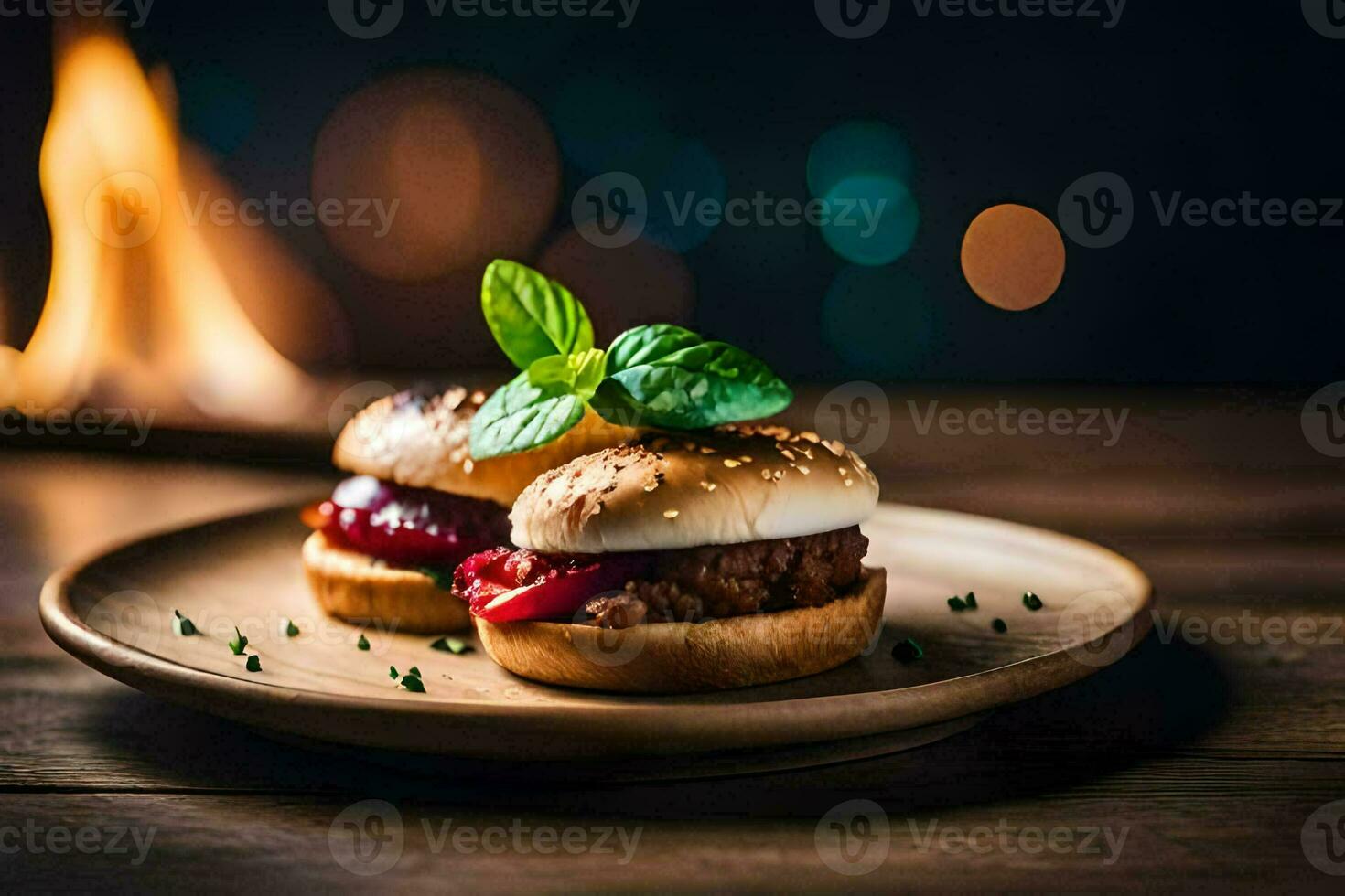 zwei Hamburger auf ein Teller mit ein Feuer im das Hintergrund. KI-generiert foto