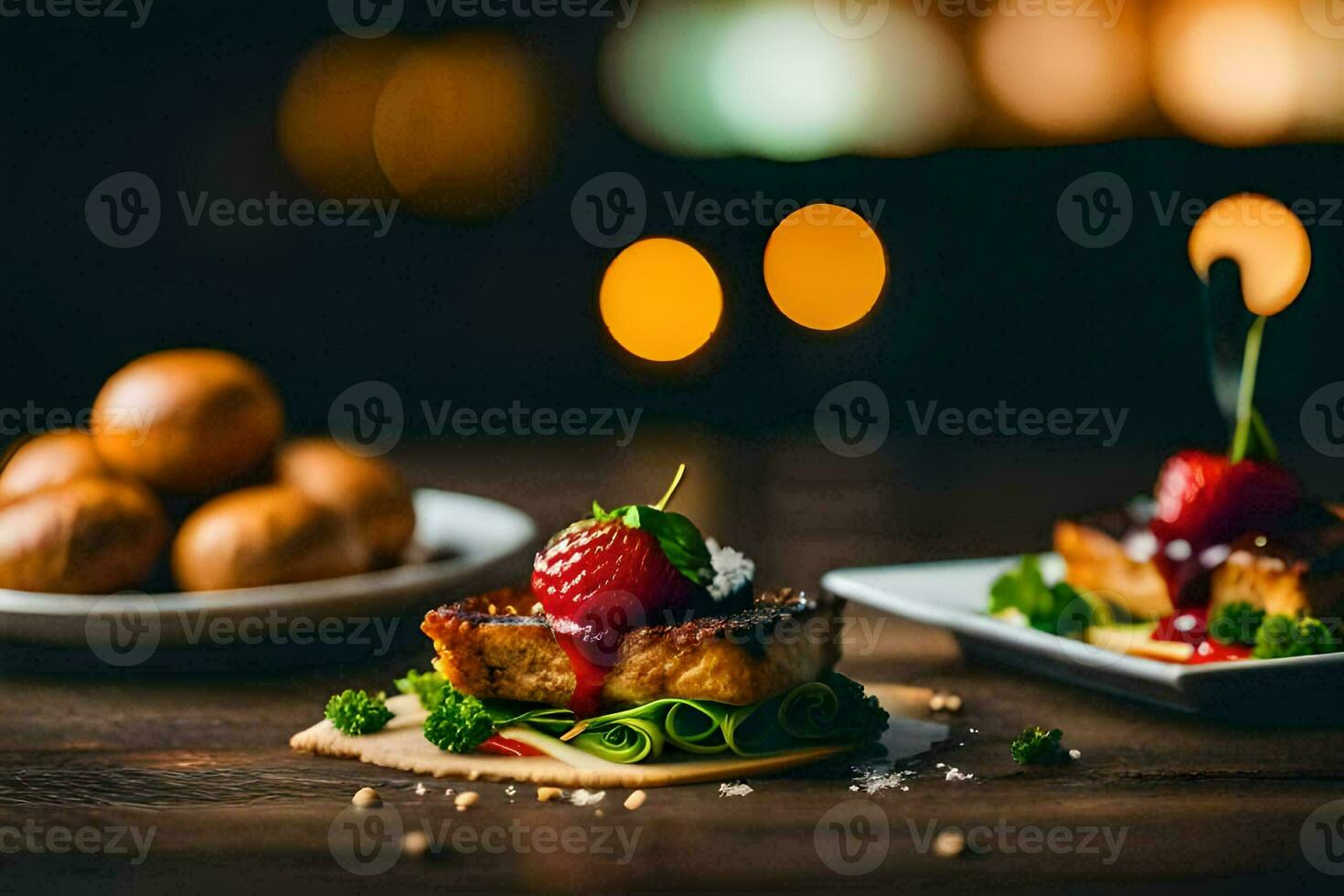 ein Teller von Essen mit Erdbeeren und Fleisch. KI-generiert foto