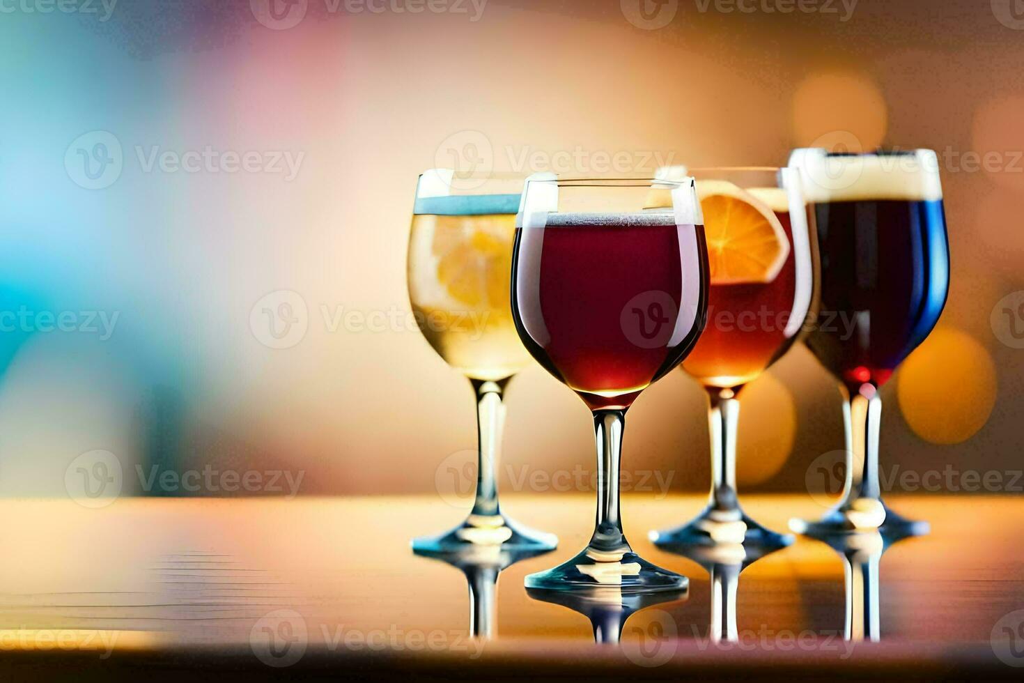 vier Brille von Wein auf ein Tisch. KI-generiert foto