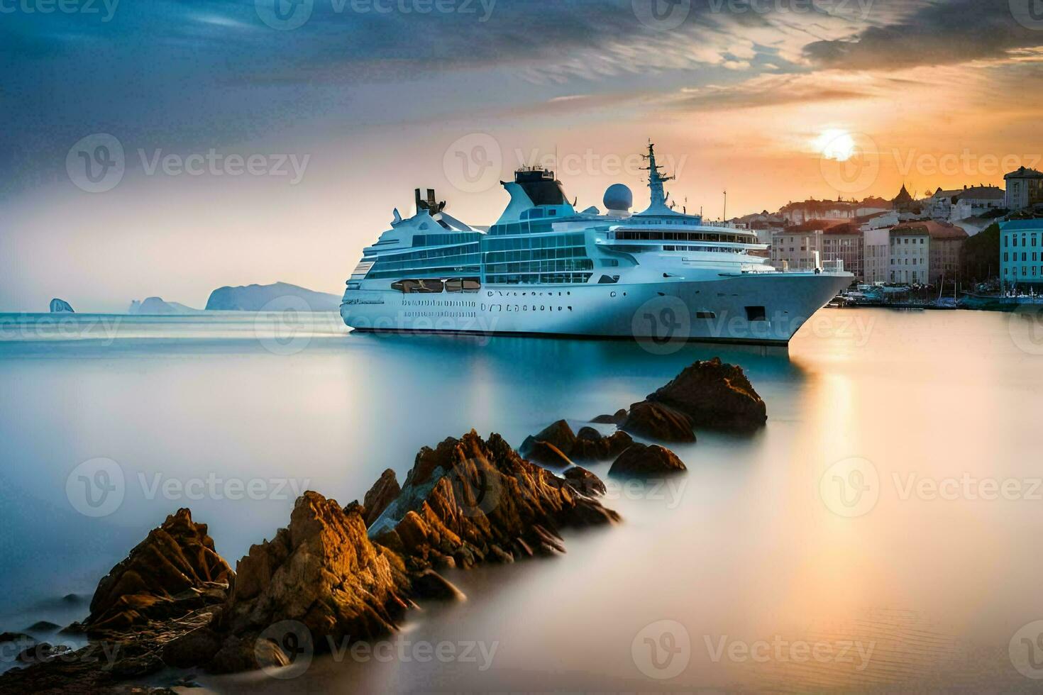 ein Kreuzfahrt Schiff im das Ozean beim Sonnenuntergang. KI-generiert foto