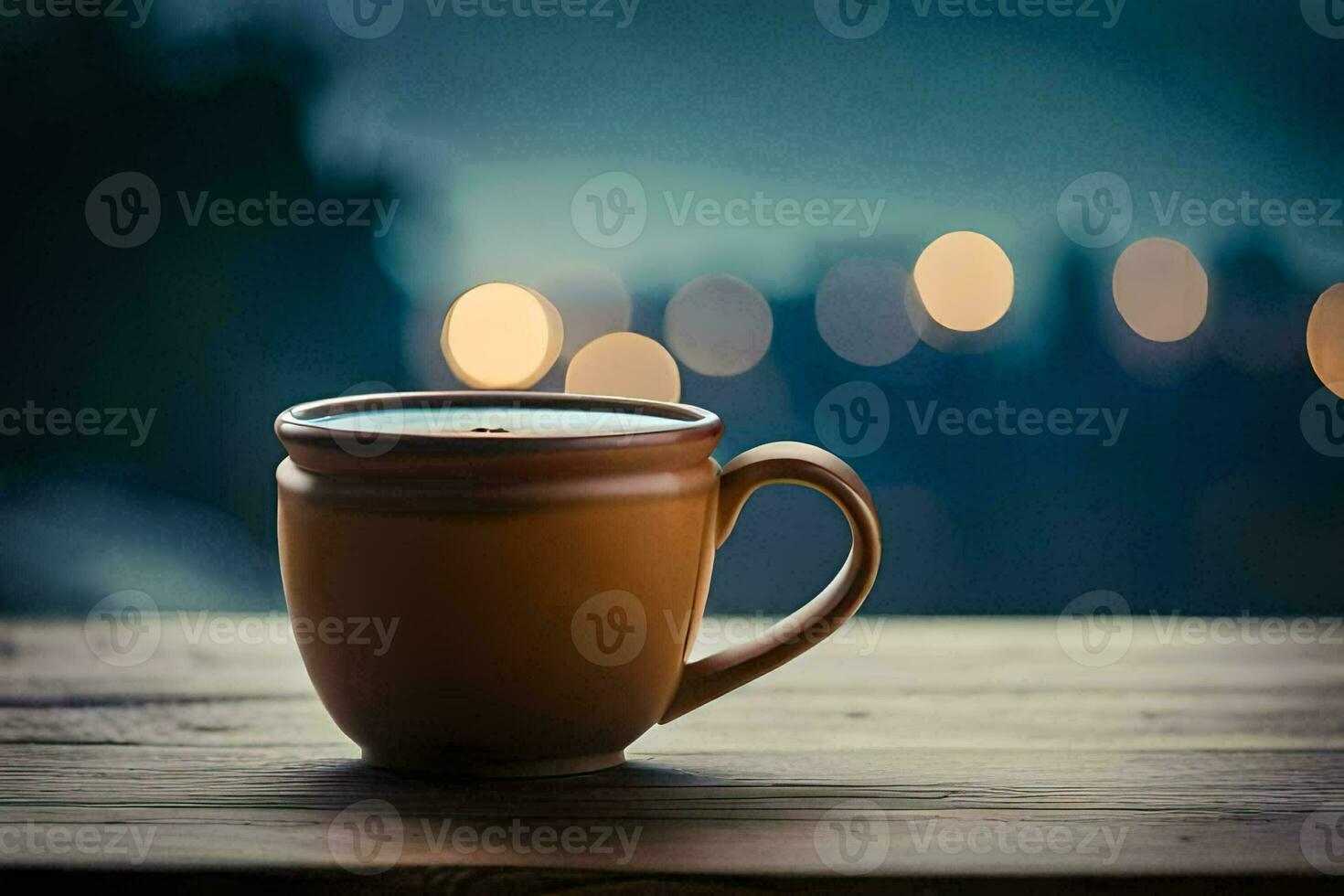 ein Kaffee Tasse auf ein Tabelle im Vorderseite von ein verschwommen Hintergrund. KI-generiert foto