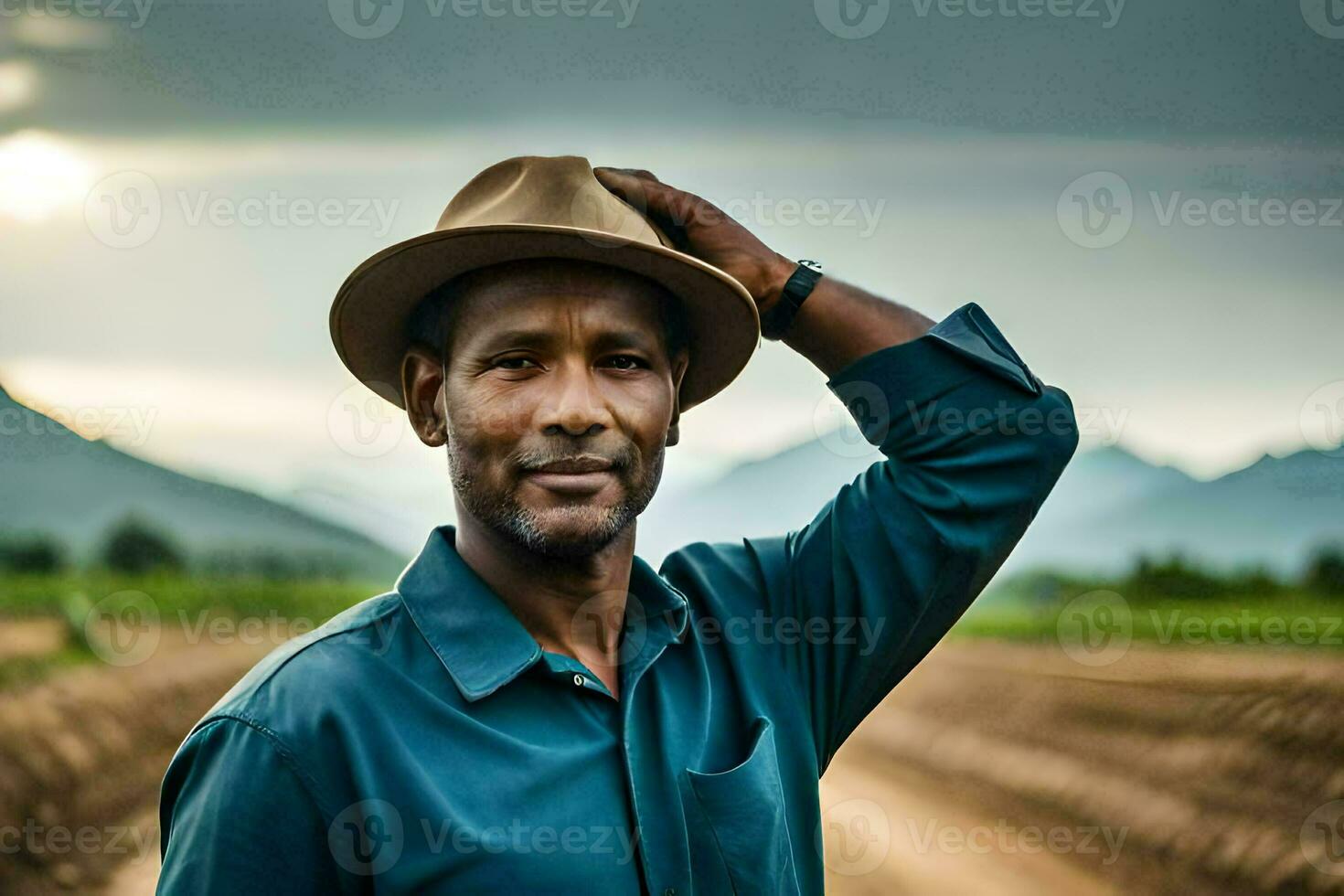 ein Mann im ein Hut Stehen im ein Feld. KI-generiert foto