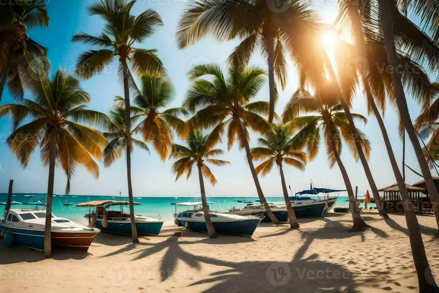 Boote sind angedockt auf das Strand im Vorderseite von Palme Bäume. KI-generiert foto