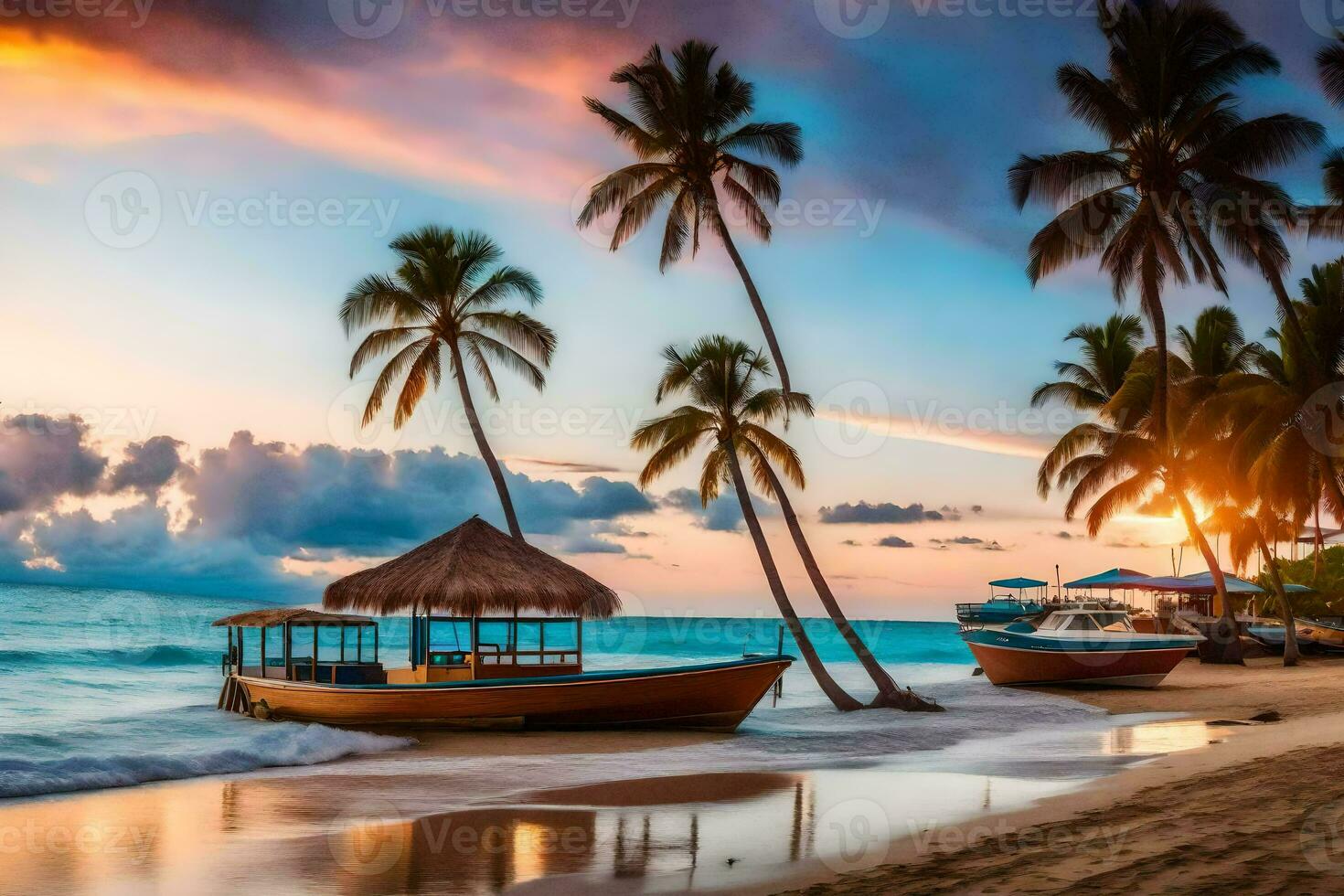 ein Boot sitzt auf das Strand beim Sonnenuntergang mit Palme Bäume im das Hintergrund. KI-generiert foto