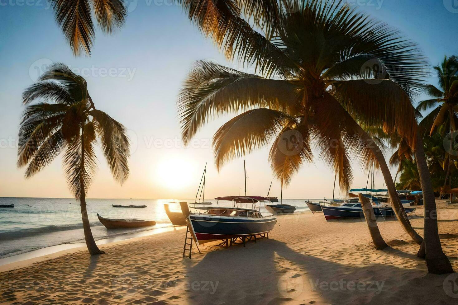 Boote auf das Strand beim Sonnenuntergang mit Palme Bäume. KI-generiert foto