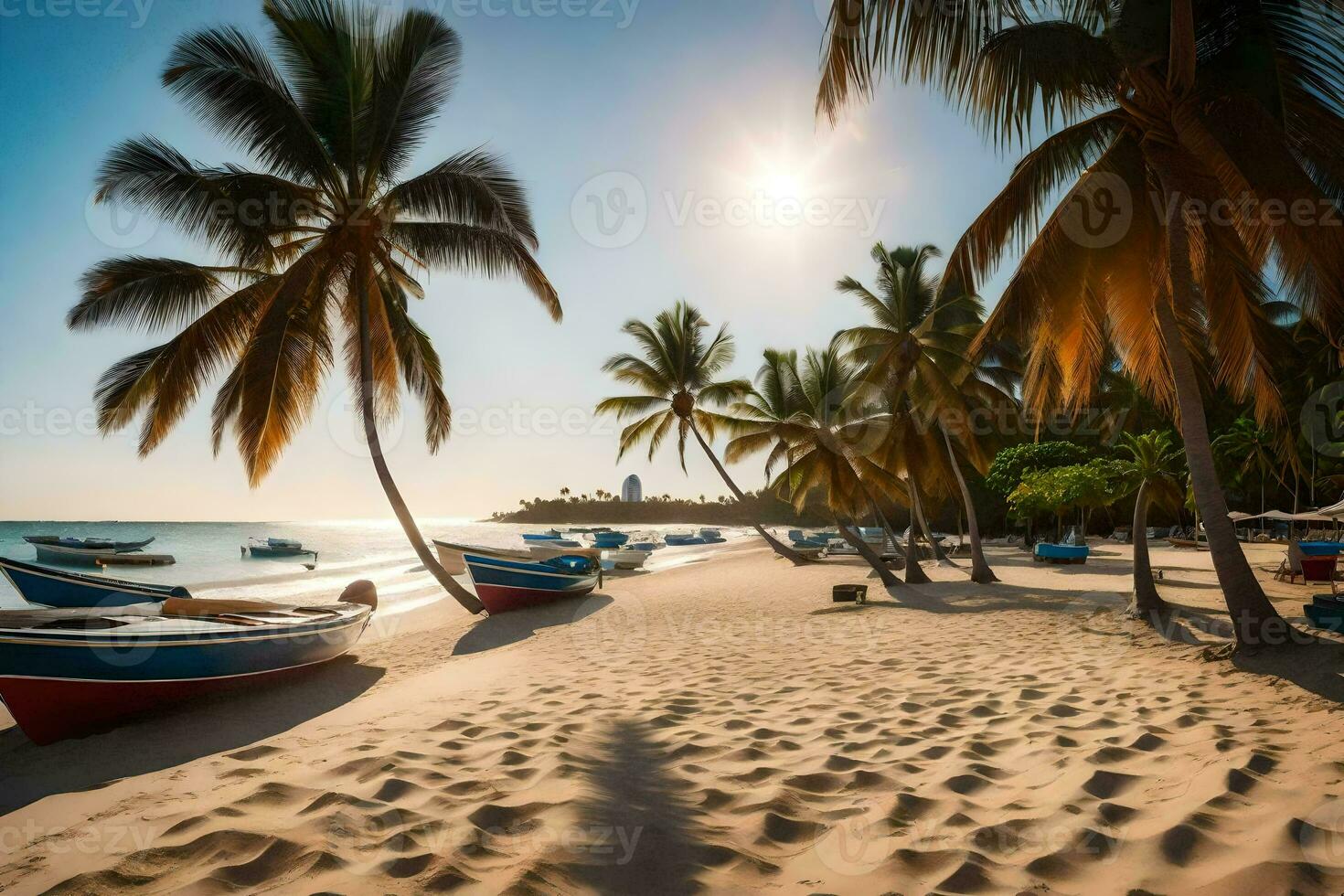 ein Strand mit Boote und Palme Bäume. KI-generiert foto