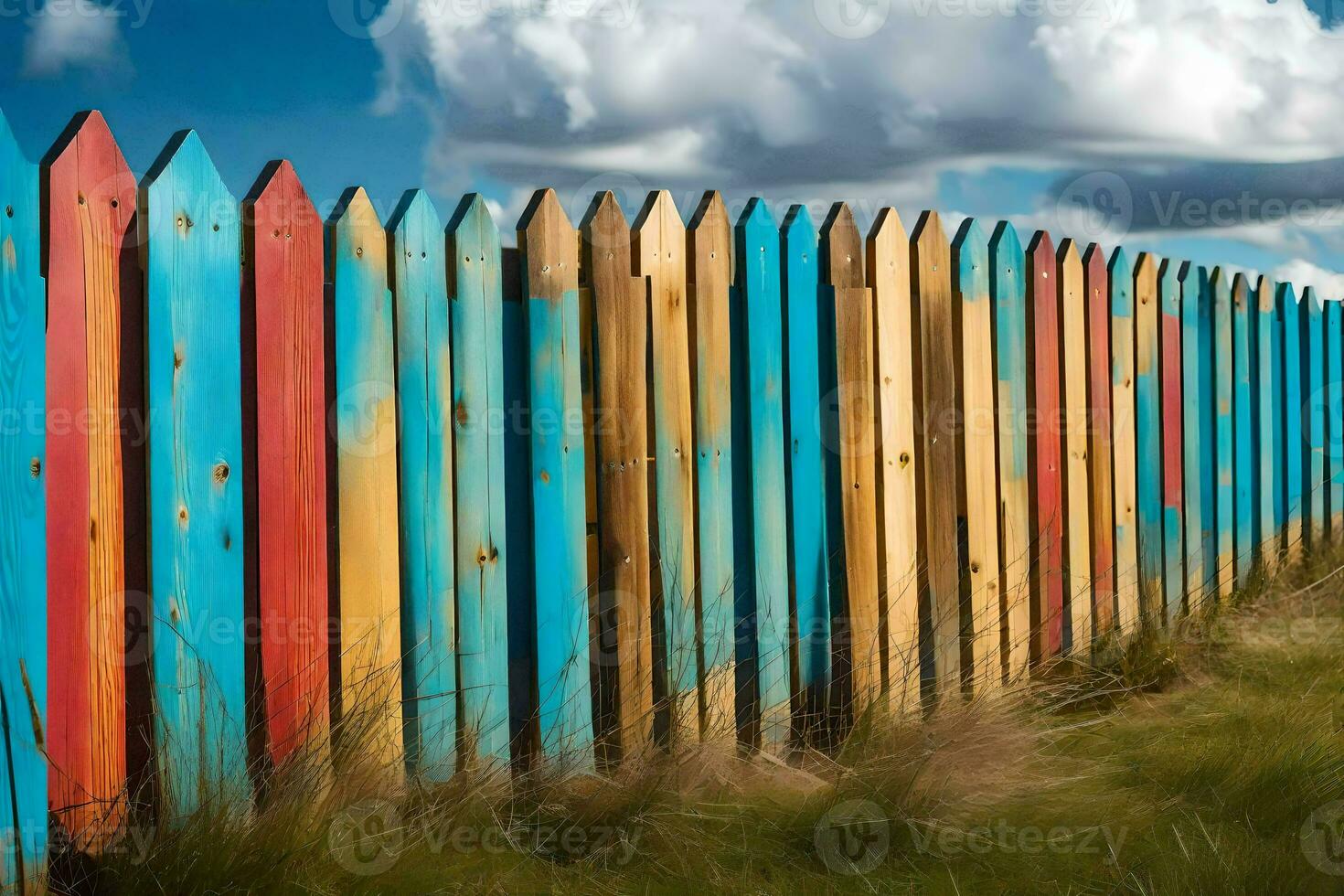 ein bunt hölzern Zaun mit Blau Himmel und Wolken. KI-generiert foto