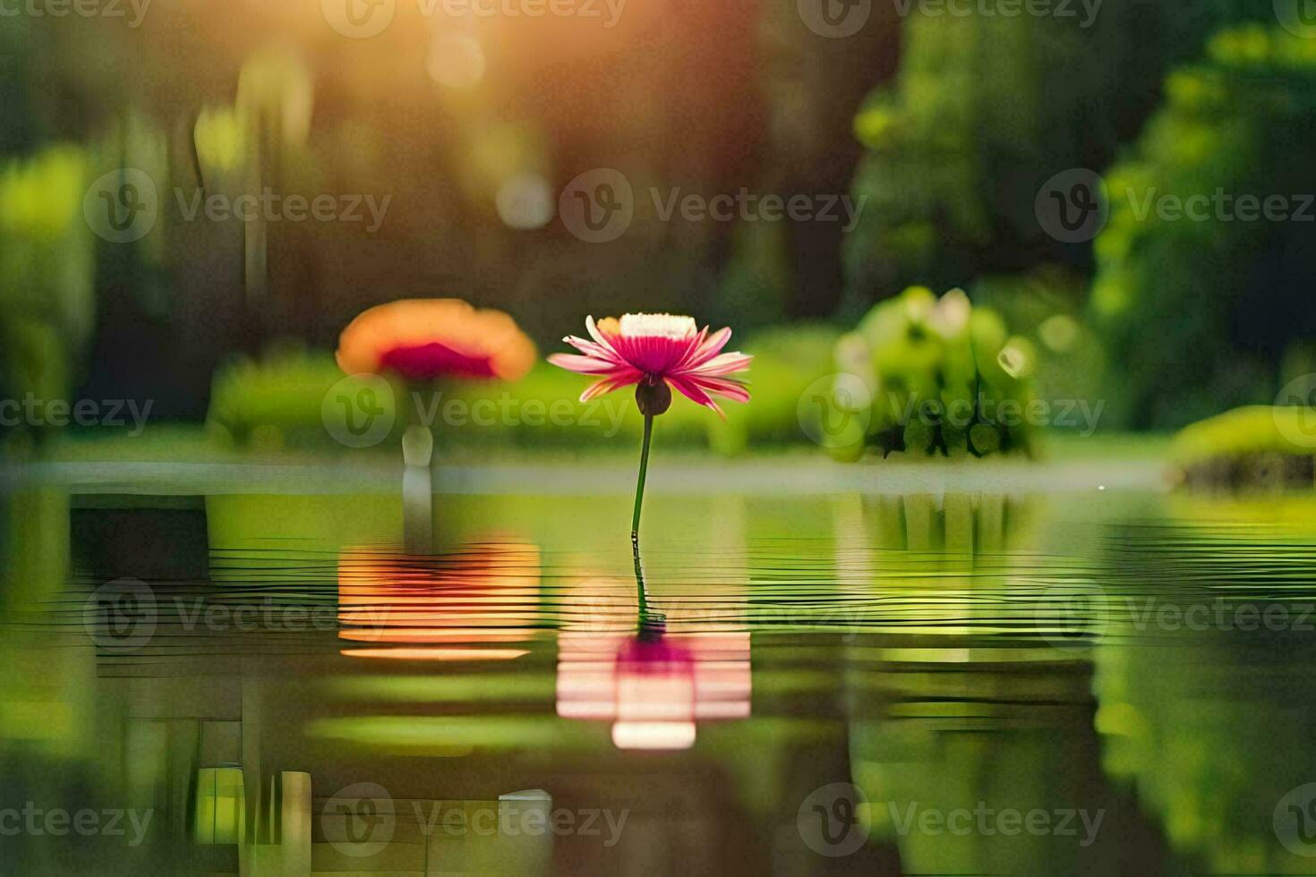 ein Rosa Blume ist schwebend im das Wasser. KI-generiert foto