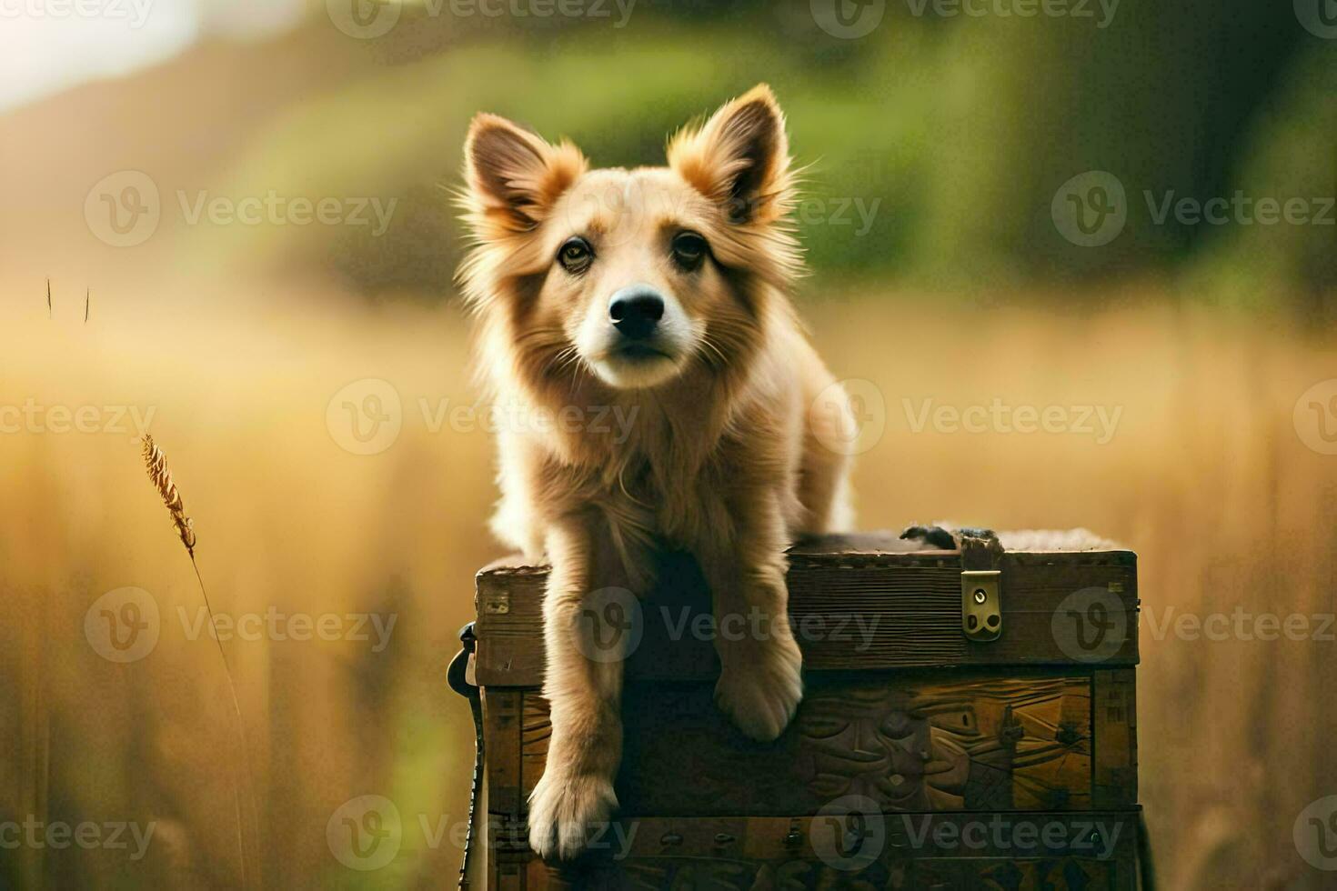 ein Hund Sitzung auf oben von ein Koffer im ein Feld. KI-generiert foto