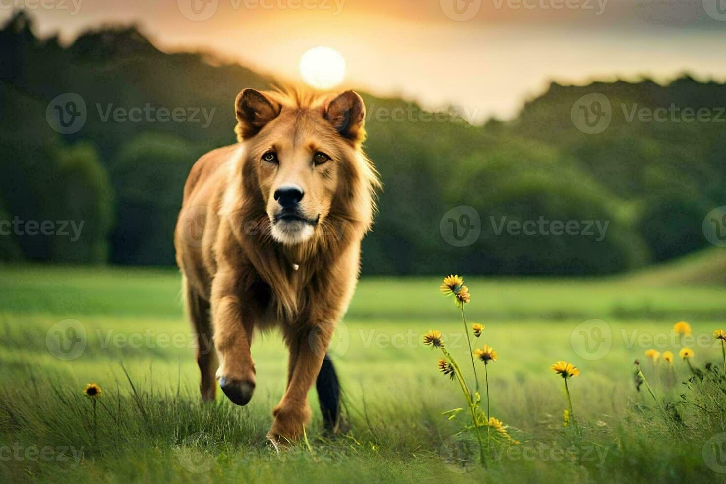 ein Löwe Gehen durch ein Feld mit Blumen. KI-generiert foto