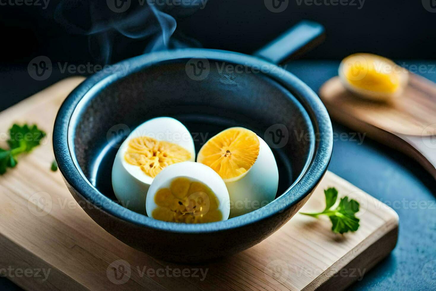 gekocht Eier im ein Schüssel auf ein Schneiden Tafel. KI-generiert foto
