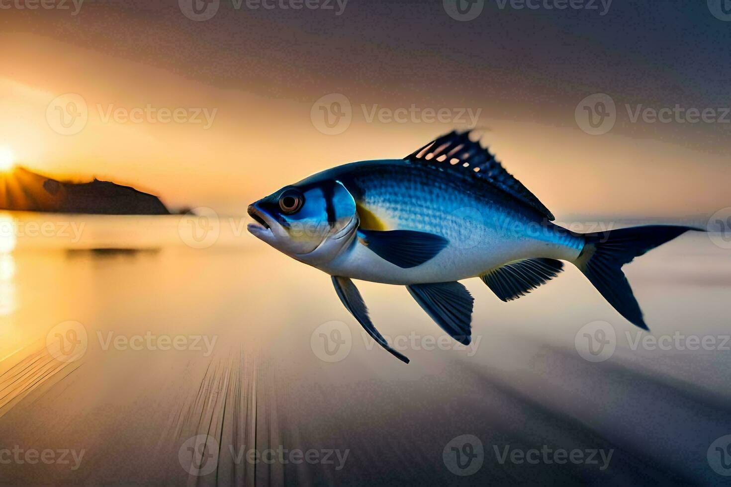 ein Fisch ist fliegend im das Luft beim Sonnenuntergang. KI-generiert foto